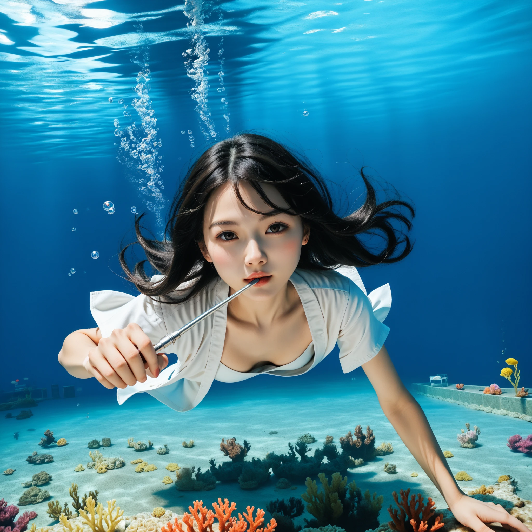 Mermaid in bikini，There are fish and plastic nets in the water, underwater photography, closeup fantasy with water magic,  underwater face, underwater photo, real photoshoot queen of oceans, portrait of mermaid warrior, Underwater, Underwater ink, underwater photo, underwater shot, portrait of a woman underwater