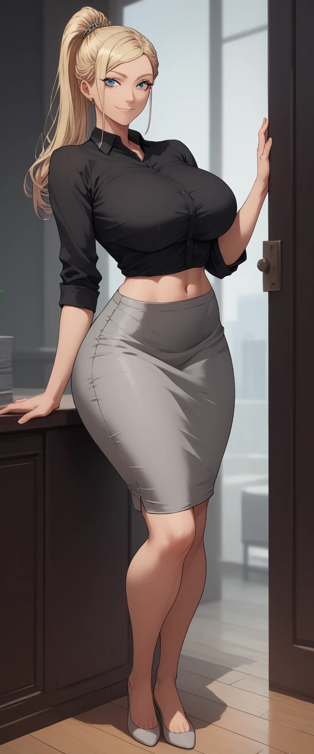 score_9, score_8_up, score_7_up, score_6_up, score_5_up, score_4_up, (8k, RAW photo, best quality, masterpiece:1.2), front view detailed body, long belly, big , Slender body, tight body , thicc ,medium breast , long thighs, muscular woman, Somidef, white hair, yellow eyes, short hair, dark-skinned female
1girl, solo, large breasts, looking at viewer, smile, white turtleneck shirt, black skirt, standing, 
masterpiece, best quality