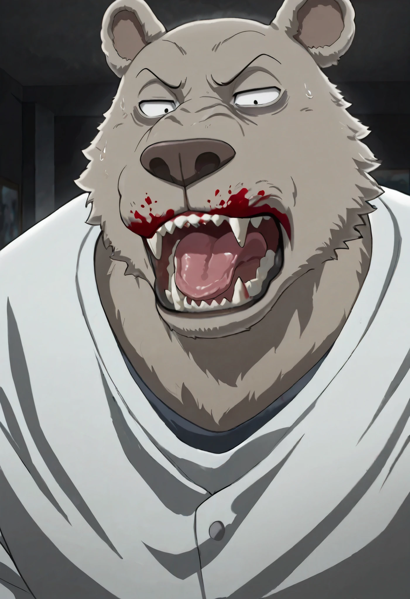 Photograph: towering obese Riz Bear; relaxed/fierce; Yawning; (eyes furrowed, mouth wide open yawn, teethy, tongue curled; (fine featured random expression); tan fur; ((skeptical old Kodiak Bear)); (Blood covered Bear); (massive burly stature); blackened midnight background, high-resolution, close-up dynamic angle front view; looking down at viewer; emotional exaggeration; huge seductive Bear; (Riz: Beastars);