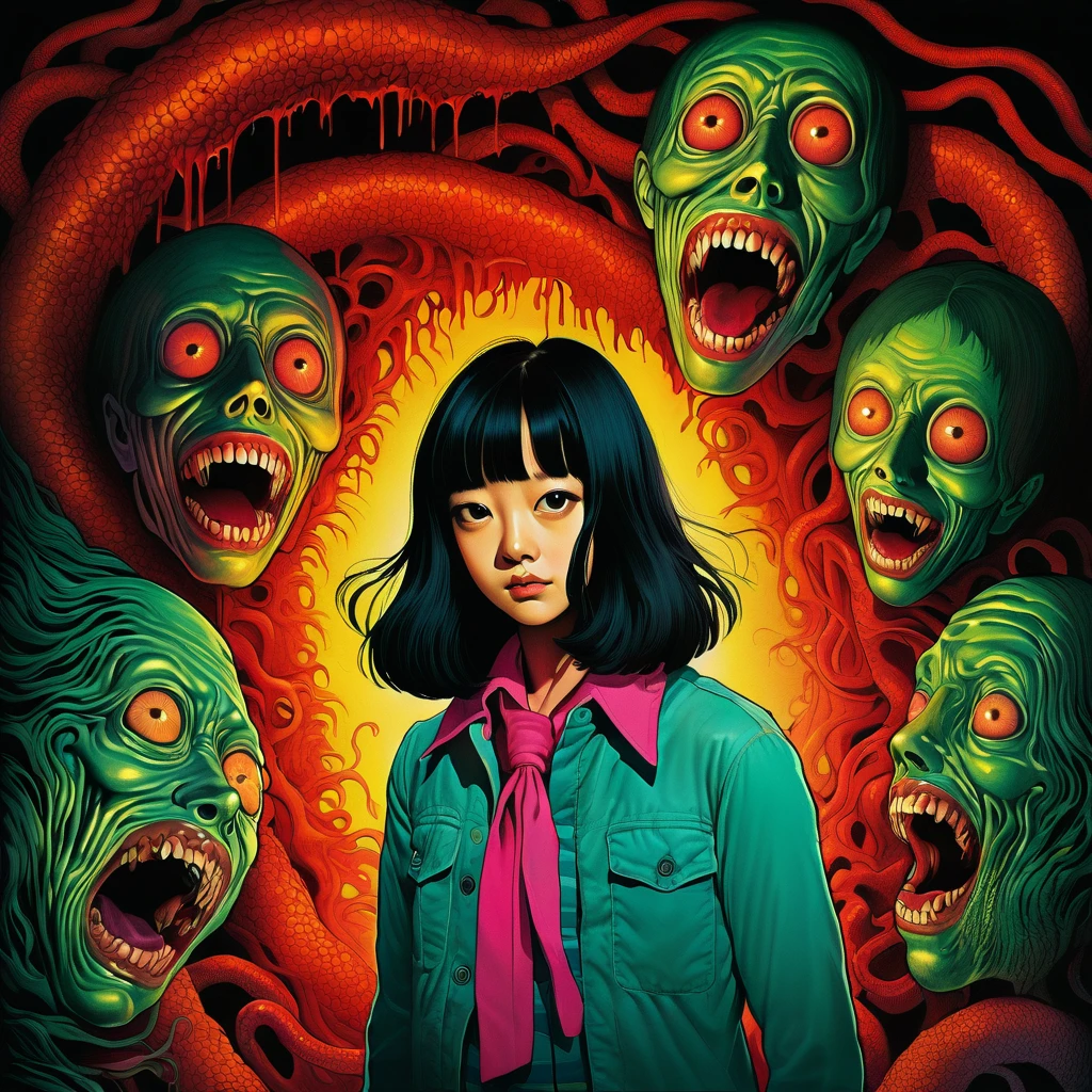 An illustration、art、70s horror movie posters, Supervised by Junji Ito、High detail, Realistic Shadows、Analog Style, chromatic aberration, Surrealism、Complementary Gradient
