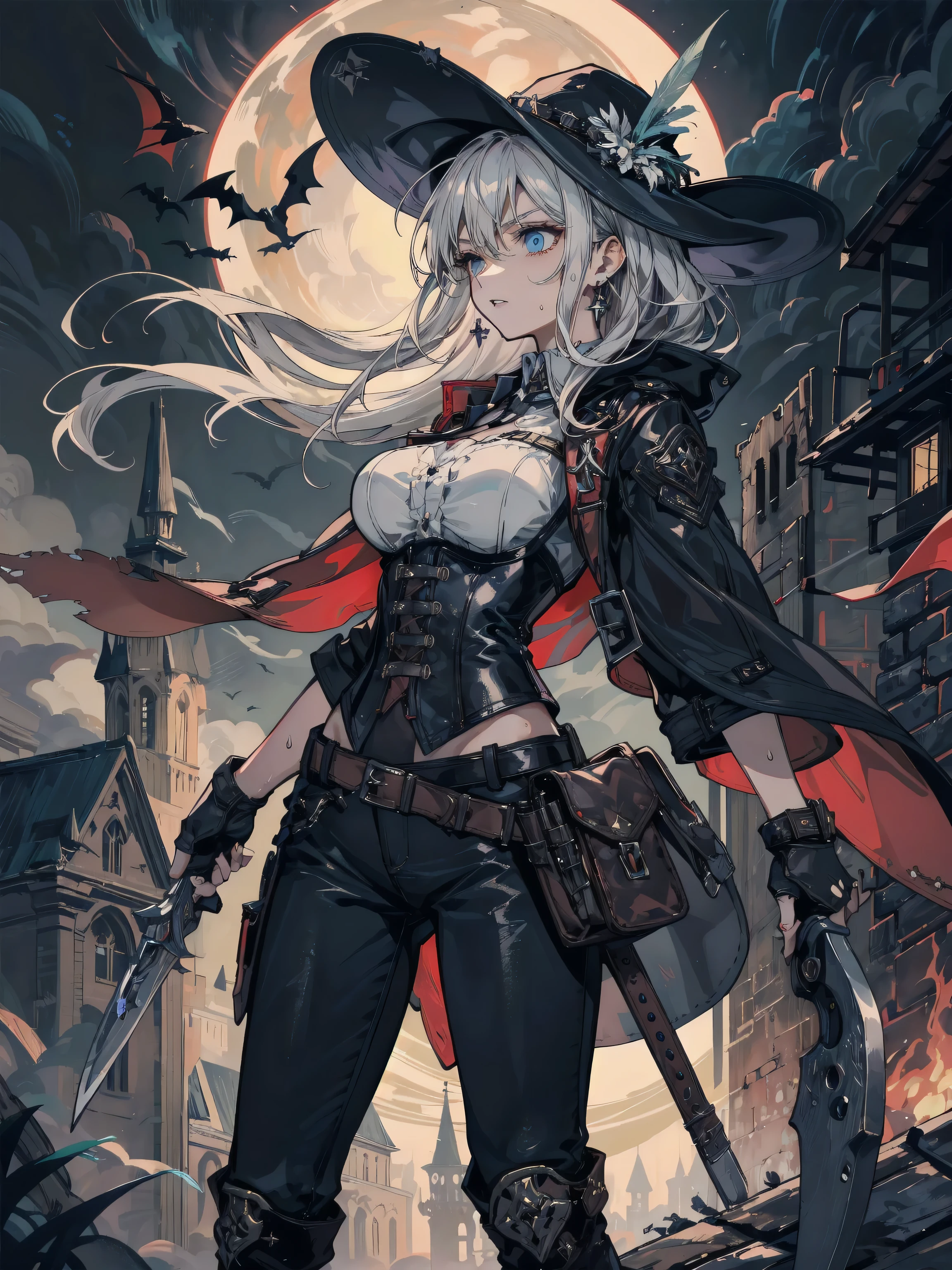 (gothic, monster hunter, holding crossbow, Van Helsing, crossbow:1.2), hat, cleavage, night, dim lighting, dark, creepy, curvy, thick, collarbone, small nipples, large breasts, detailed face, motivated light, dangerous mood, seductive mood, sexy, beckoning, inviting, dynamic, threatening, determined, fearless, ready to face the creatures of the night, dark cloak billowing, piercing eyes, silver bullets glinting, moonlit graveyard, mist swirling, intense and ominous atmosphere, gothic architecture looming