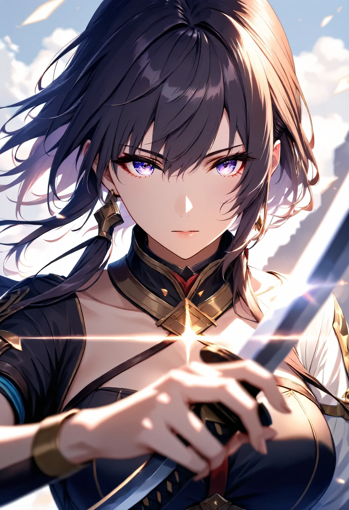 (masterpiece, best quality:1.2), ( female 1 person, Character "Atlas", alone), Holding a Japanese katana in her hand, powerful dynamic upper body composition, beautiful portrait, motion blur that creates a sense of speed,
BREAK she swings that sword above her head with both hands, Point the tip of the sword upwards, A sword dedicated above her head, Raise the sword in your hand directly above、Push up to the sky,