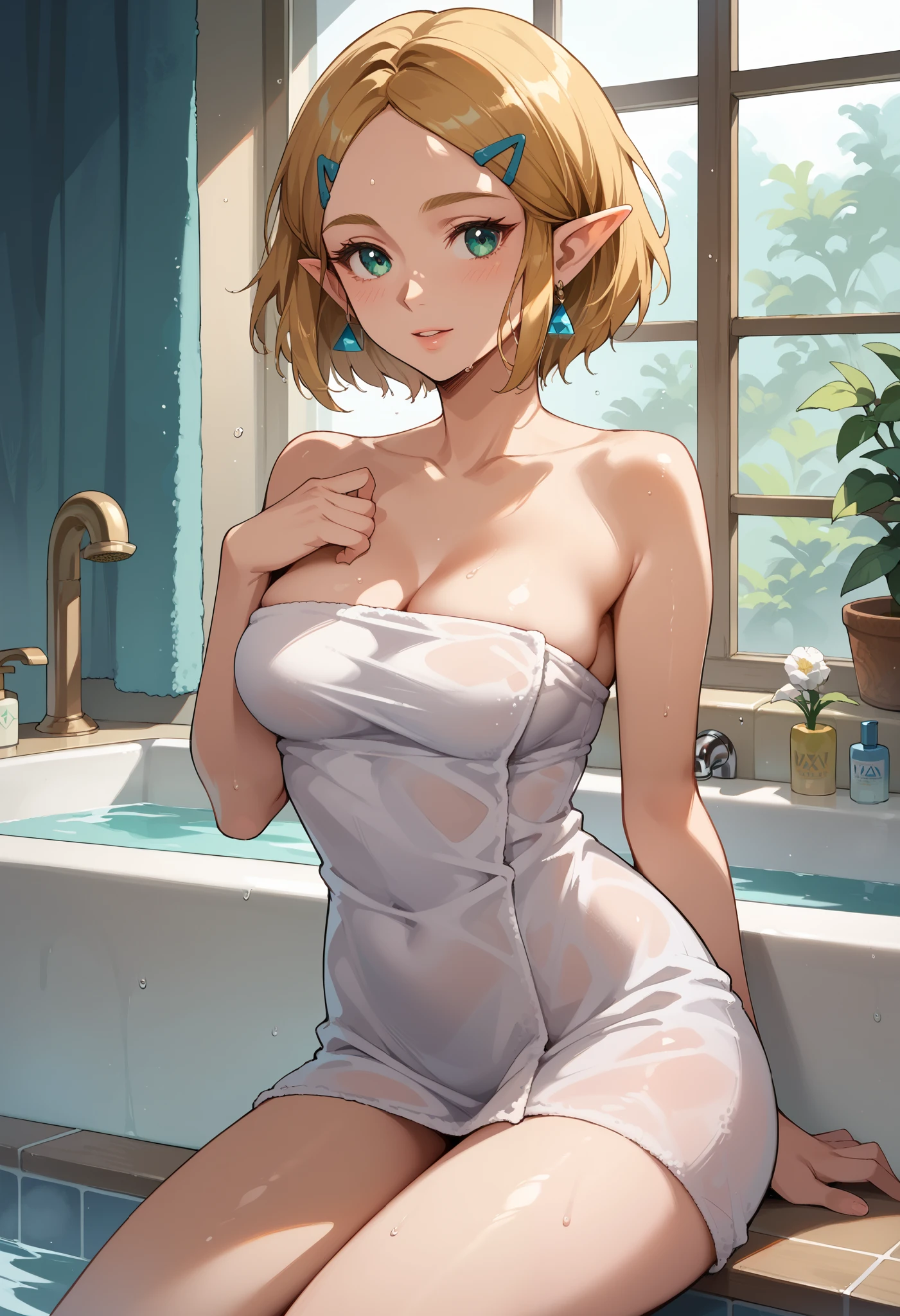 Masterpiece, 8k quality, extremely detailed, Zelda, short hair, bathroom, wrapped in a bath towel, medium breasts