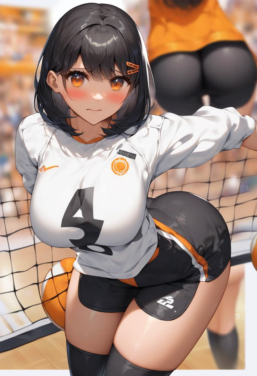 tanned, tan skin, At, orange tank top, orange shorts Blushing Super huge big breasts breast enlargement A man sitting alone on the basketball court looking at the camera and smiling full-body shot illustration, ultra-detailed, HDR, vibrant colors, soft lighting