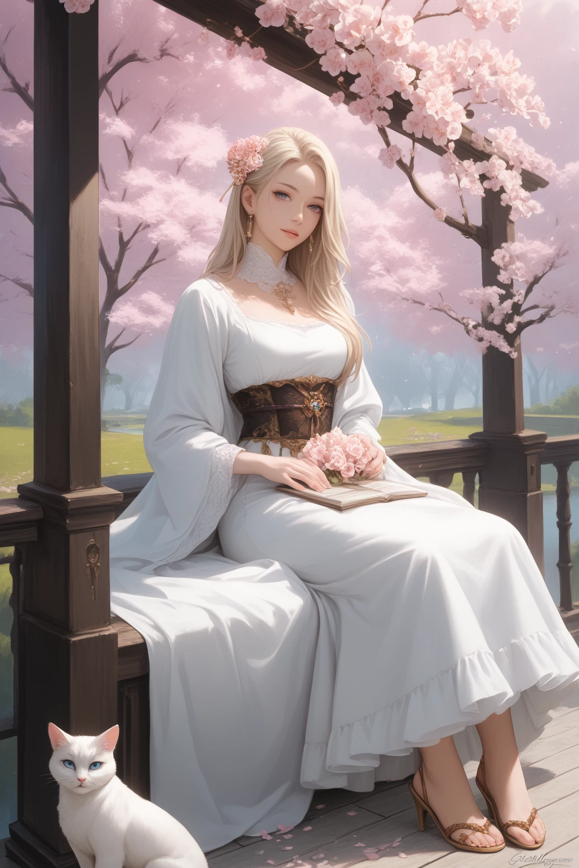 (8K, highest quality, masterpiece),(Realistic, RAW Photos, Super Fine Clear), Realistic Light, Detailed skin, Beautiful lady, ((25-year-old lady, school teacher:1.5)), Thin legs, fine grain, white long hair, Detailed fingers, thin, Sexual, Ecstasy facial expression, Super big boucing firm bust, (deep scarlet long dress), The chest part of the dress is wide open, Chest exposed, (sit on chair at liablary with reading book, Flower storm),