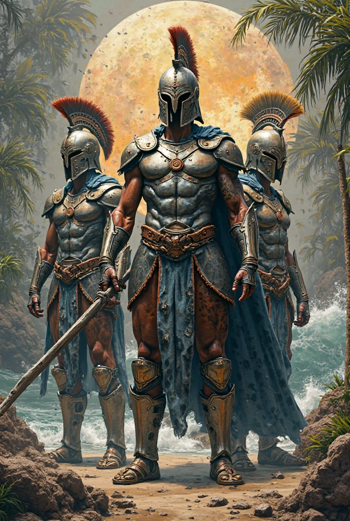 Historical illustrations or replicas of the Spanish conquistadors' attire and weaponry, showing the contrast with Lapu-Lapu’s warriors.