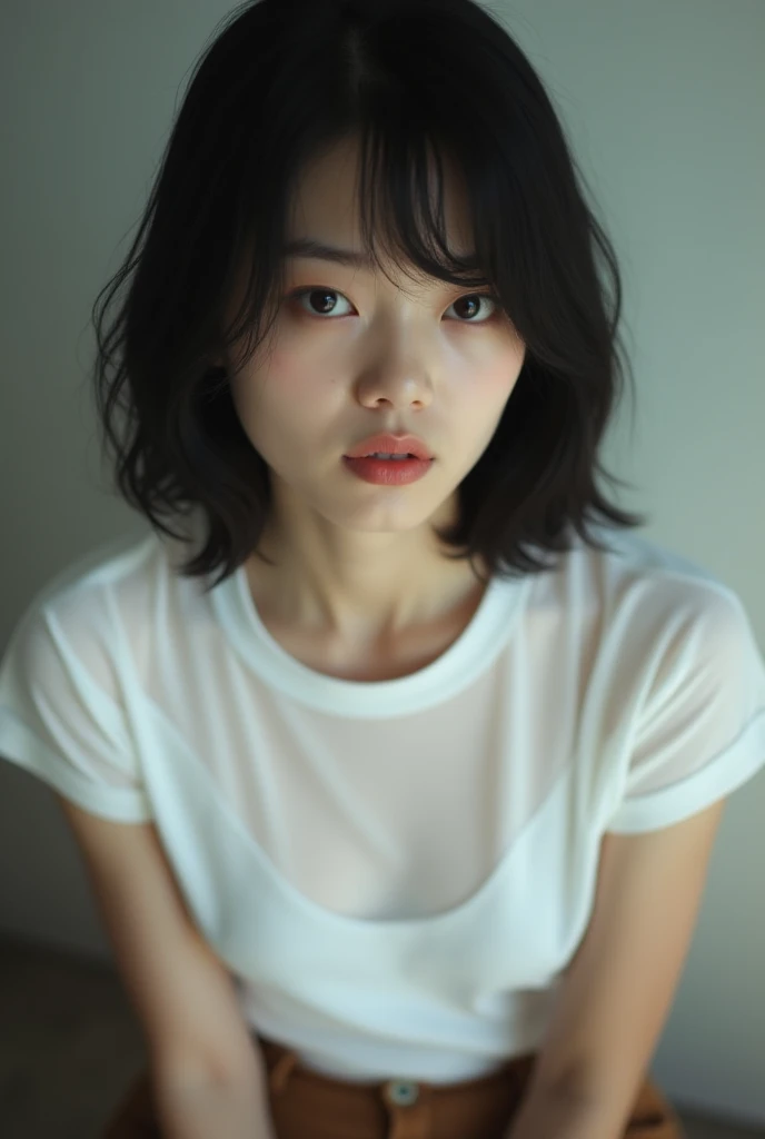 Japanese woman, 30 years old, asymmetrical shag haircut, streight face showing no emotion, thin lips, looking into camera, tight silk tshirt, no bra, standing streight, frontal view, highly detailed face, high resolution, no make-up, photorealistic
