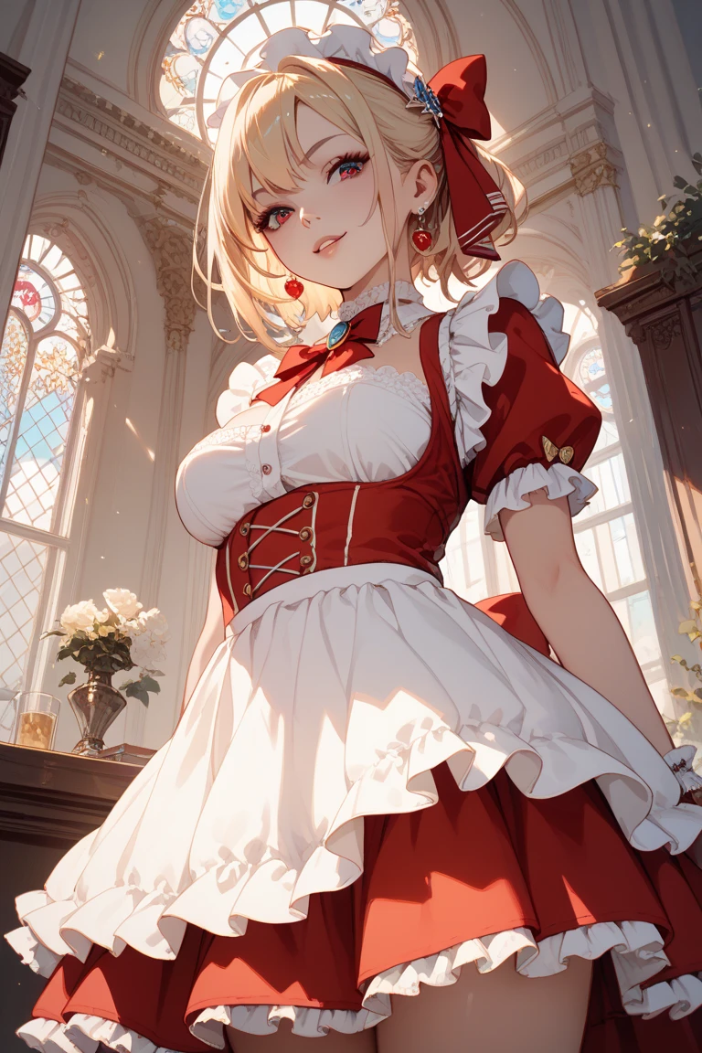 Himiko Toga,(Alone),(A girl alone:1.2),(Solo portrait of himiko toga:1.5),(Himiko togaMHA:1.5),(boku no hero academia),(short blonde hair with two messy pulps in her hair and yellow eyes with cat pupils),(Wearing),+,Wearing),+,(\A maid uniform with The apron is made of sheer, almost translucent black lace, which barely hides the maid's curvaceous body underneath. The front falls scandalously low, exposing the fullness of her breasts and most of her cleavage. Thin straps hold the apron in place, digging into your shoulders and drawing attention to your toned arms. Her corset is a slinky red number with built-in push-up cups that enhance her already impressive bust size. The corset has a deep V-neckline that disappears into the apron, emphasizing her ample cleavage. Thong-style laces crisscross her back, drawing attention to her narrow waist and the tantalizing hint of her ass. Her miniskirt is made from the same sheer lace as her apron, ending at mid-thigh to give a full view of her toned legs and the red garter belt wrapped around them. The garter belt supports fishnet stockings that ride up mid-thigh, adding a touch of fetish to the overall look. On her feet, she wears stiletto heels with ankle straps, enhancing her seductive and leggy appearance. Her hair is styled in loose, tousled waves, framing her face and drawing attention to her full lips, painted a bold crimson red. To complete the look, she uses a white duster as a prop, using it to tease and caress her own body in suggestive ways. The overall effect is one of unabashed, unapologetic sexuality packaged in a classic maid uniform that has become entirely explicit and provocative.)/,+,(\Facing the front of the fourth wall looking at the fourth wall:1.5)/