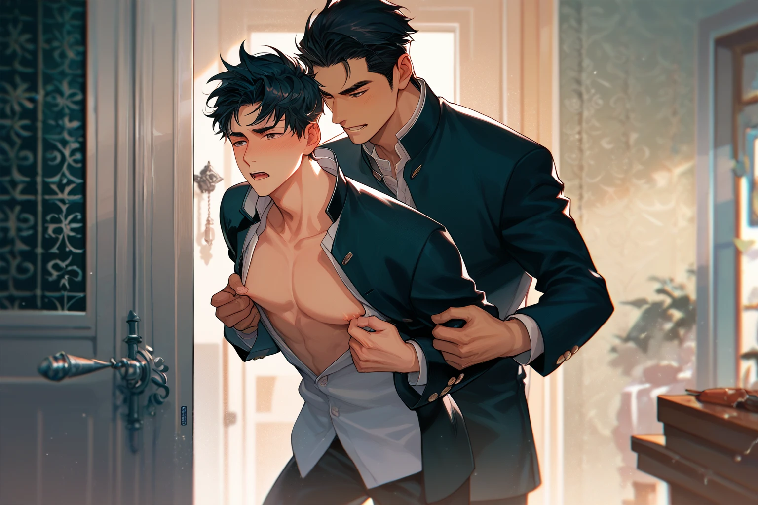 boy with long black hair and black suit in a fight
