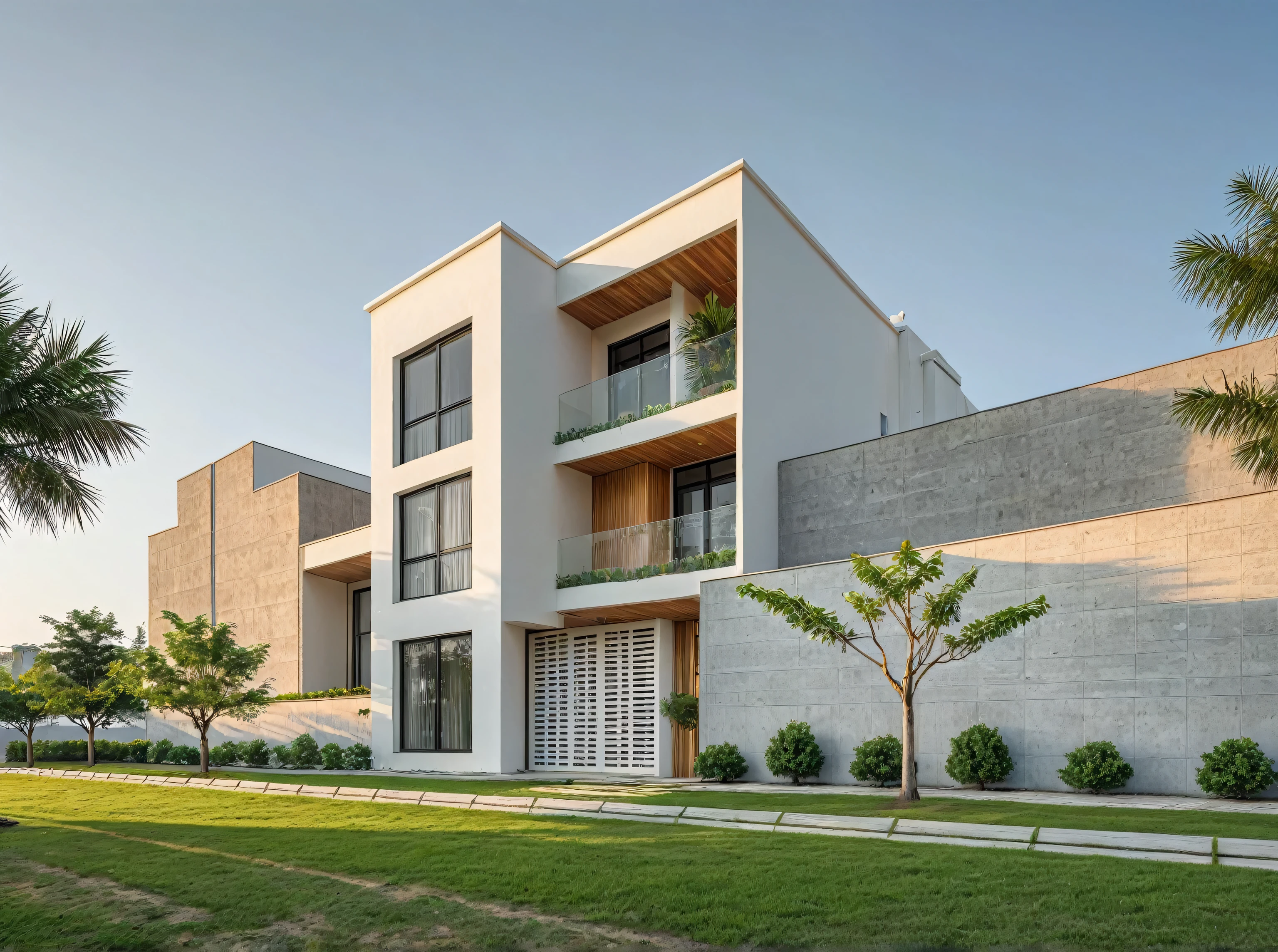 Raw photo,Masterpiece, high quality, best quality, authentic, super detail, exterior, outdoors, public building, sophisticated design, sharp modernity, delicate lines, granite walls, glass doors, house style modern on the street , A modern house with a unique white grid design, and a small front garden. The minimalist architecture harmonizes with nature, creating an airy and peaceful atmosphere. Curved door, CG rendering,(depth of field),random color matching,exterior panorama