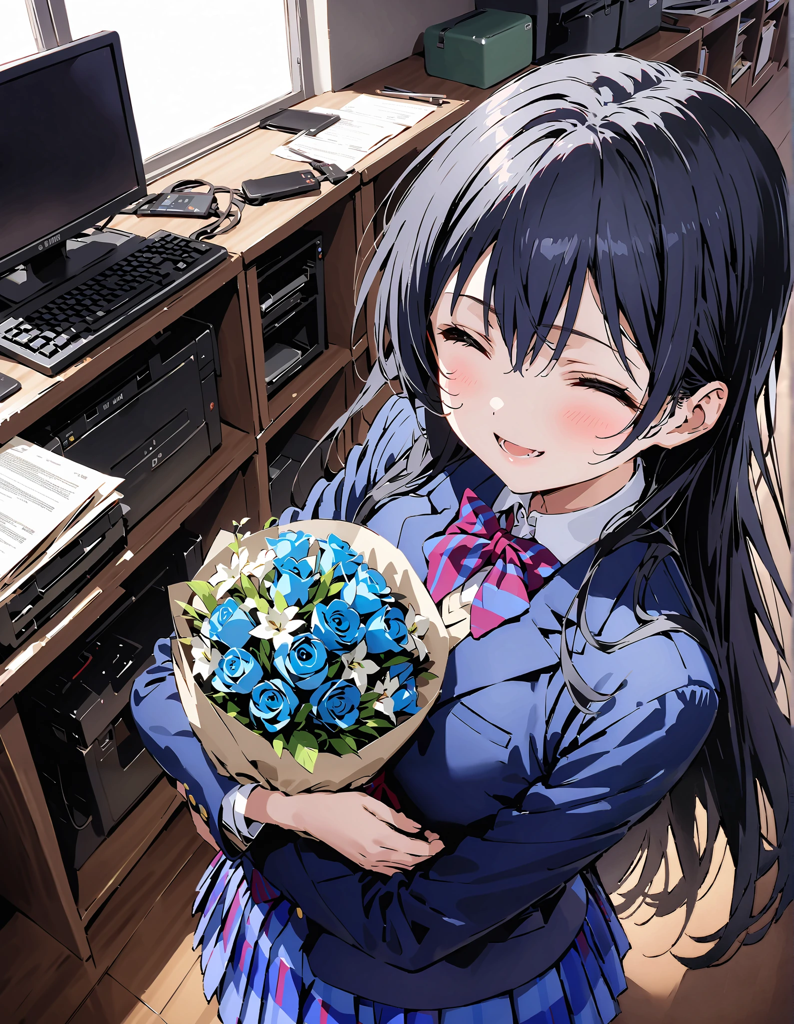 score_9, score_8_up, score_7_up, source_anime, Sonoda Umi , Alone,long hair, bungs, Between the eyebrows, Green Hair,long straight hair, school uniform, jacket, blazer from above the bar, Winter uniform, otonokizaka school uniform,is standing,Holding a bouquet in both arms, both eyes,big smiles,smile,blushes,open their mouths,machine,chairs,machineの上にバースデーケーキが置いている,break indoors, classroom,
break (masterpiece:1.2), top quality, high resolution, Unity 8K Wallpaper , (illustration for both eyes:0.8), very detailed face, perfect lighting, extremely detailed CG, (perfect hand, perfect anatomy),