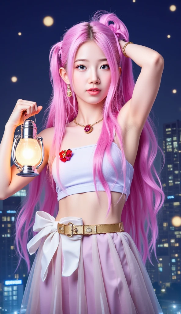Bianca chanting a spell,(shoot from below),((white panties)),(storm from below),thundercloud,dqBianca, single braid,((pink dress)), earrings, choker, orange cape, belt
