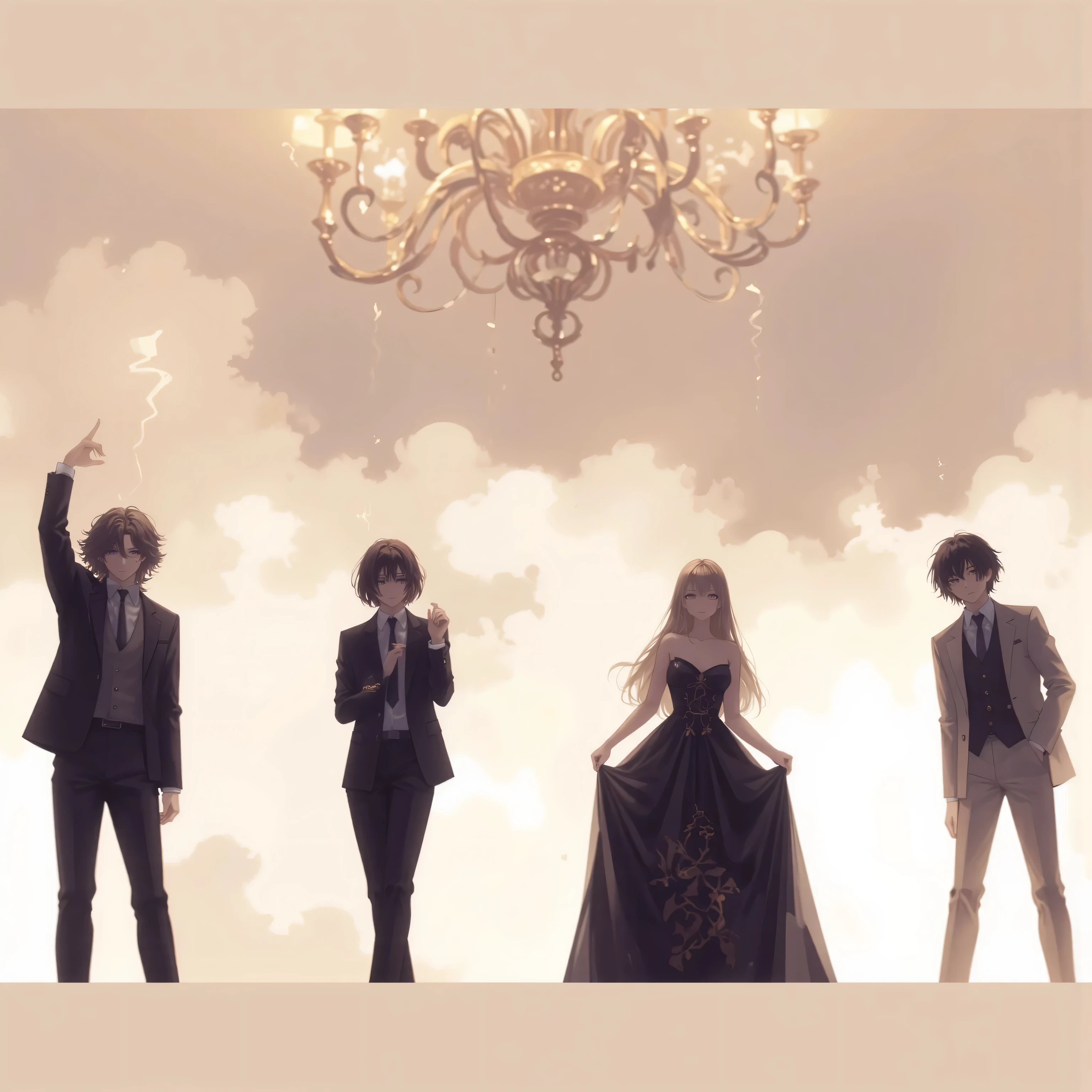 (EyesHD:1.2), masterpiece, best quality, super detailed, very beautiful, sharp concentration, beautiful face,beautiful eyes,
4people,dress code,beautiful,party,gorgeous,smoke,chandelier,