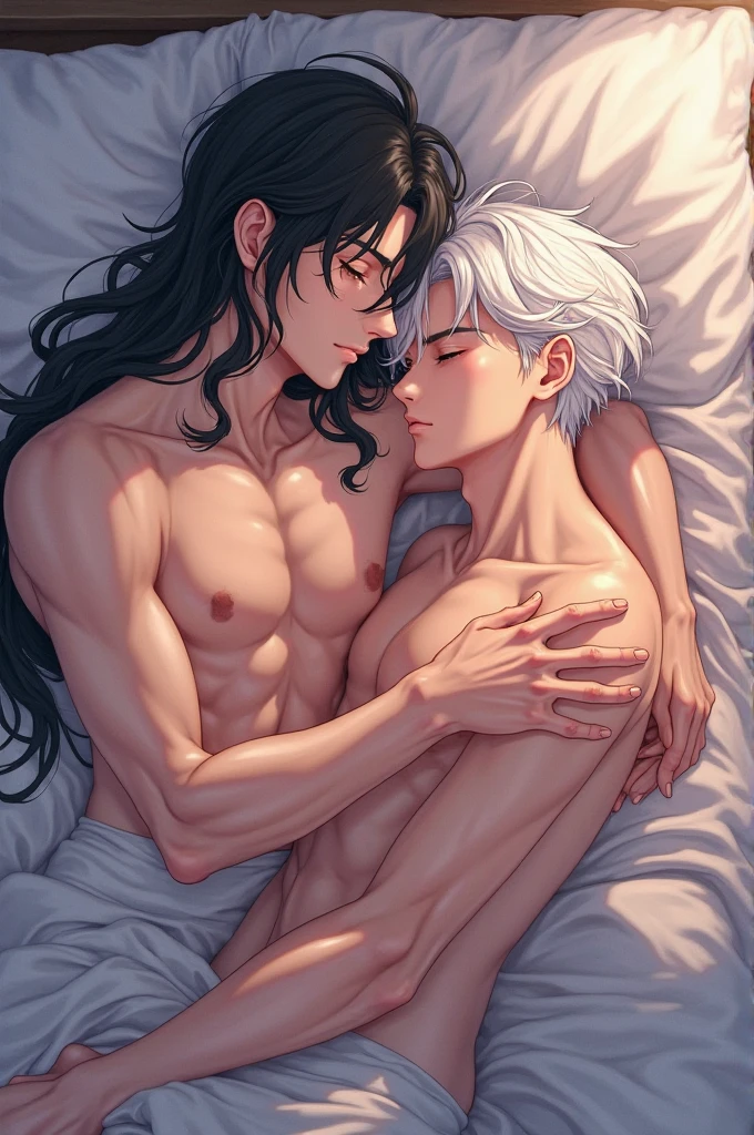 TWO MEN HAVING SEX GAY one with black hair and the other with white hair lying on the bed the one with white hair puts his penis in the one with black hair GAY ANIME