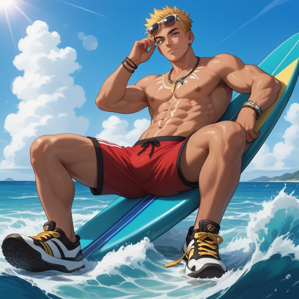beach, surfer dude, blonde shoulder length hair, male, teen, hand on hip