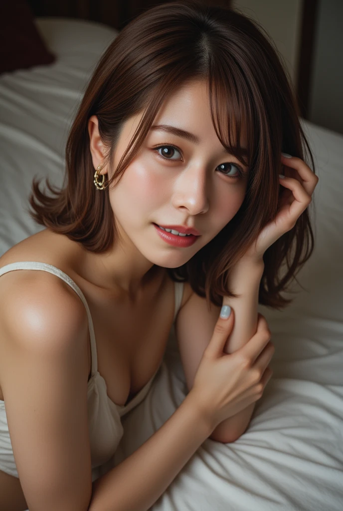 masterpiece, best quality, ultra-detailed, intricately detailed hyperdetailed, realistic, sharp features, highly detailed, sharp focus, Realistic, Photorealistic:1.3, (20 years old:1.3), perfect face, perfect symmetrically eyes, perfect full lips, hyper detailed, hyper realistic, high resolution, Fashion Model, Japanese Idol, Slender, brown hair, Stylish, Beautiful Face, light brown hair, messy hair, Beautiful hairstyle, , (grin), (Satin camisole:1.2), (kneeling), Bed, (looking at viewer), upper body, (high angle shot), cinematic lighting, in focus with blurred background,