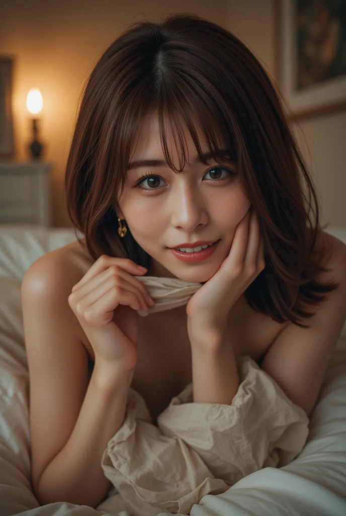 1girl in, Extremely cute face, Amazing face and eyes, (Highly detailed eyes, Highly detailed face), fresh, Very clean appearance, (Hyper-realistic, hight resolution), (Best Quality:1.4), Raw photo, (Realistic, Photorealsitic:1.37), Professional Photography, (floral pattern yukata:1.25), (Amazing big:1.1), (Open yukata), (Bare shoulders), Smile slightly, (Lying face down on a futon:1.5), (Staring at me), Bedroom, futon bedding, PILLOWS, Floral Screen, Relaxing, (It's pitch black in the bedroom:1.6), (Only the brightness of one candle:1.5),