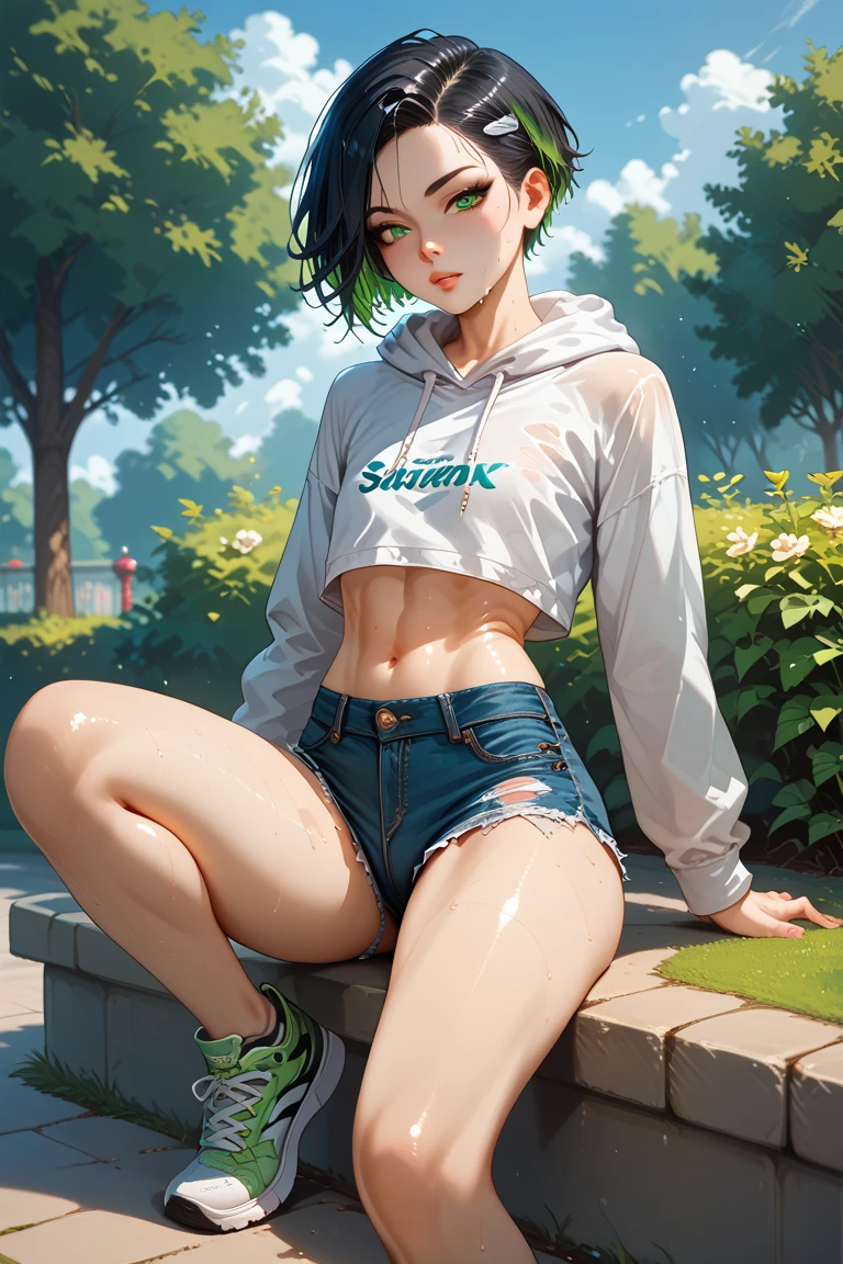 animetoreal,soft light, masterpiece, best quality,high quality,delicate face, realistic,1girl,full body, kneeling,silver wolf, gray eyes, high ponytail, cyberpunk, white top, open belly, shorts, fur coat,in garden