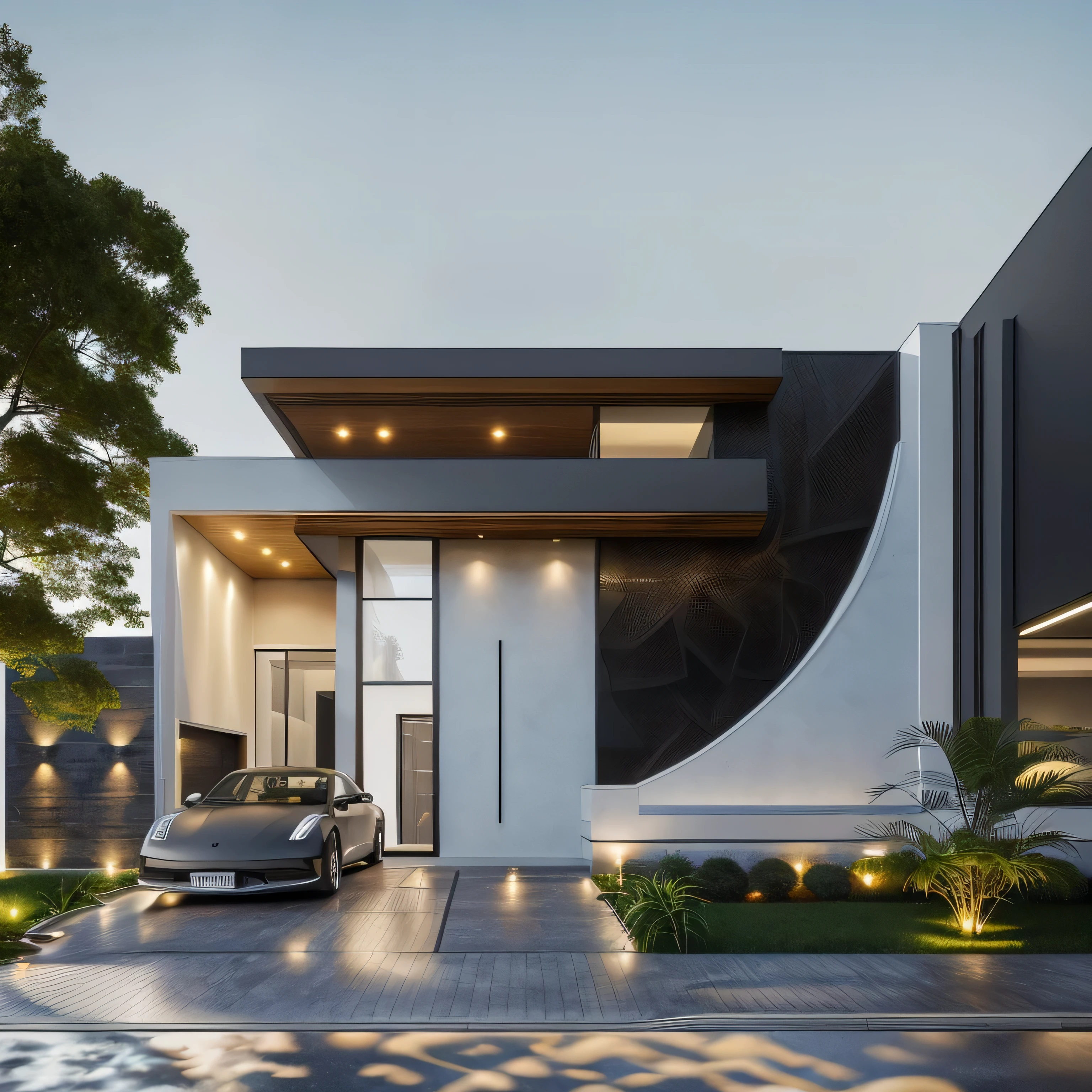 1 morden house, cofe space:1.4, main material by white wall and stone , large yard, 1 road runs in front of the house, (RAW photo, real, best quality, masterpiece:1.2), look morden minimalist, 1 road in front of the house, shime ring light, light brighteness from indoor:1.2, dynamic lighting:1.3, (hyper realistic, photo-realistic:1.2), high quality, (dark lighting:1.2), perfect lighting, archdaily, wall covered with black corrugated iron panels:1.4