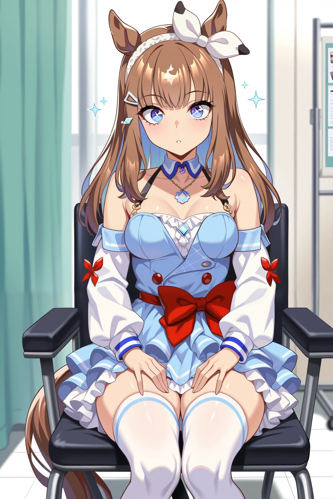 (masterpiece, ultra high definition, 16k, RAW photo, intricate), (sharp focus, crisp details), rich colors, vibrant details, noise reduction, 1girl , ((almond eye \( Uma Musume\)), Infirmary, sitting chair, Put your hands on your thighs, official costume, Motion line, motion Effect, (cowboy shot), blue eyes, x-shaped pupils, sparkling eyes, hairband , (red ribbon), blue dress, detached sleeves, frills, bare shoulders, medium breasts, bow, layered skirt, horse tail, white thighhighs, necklace, (Very slim thighs), simple background, blur the background, nsfw