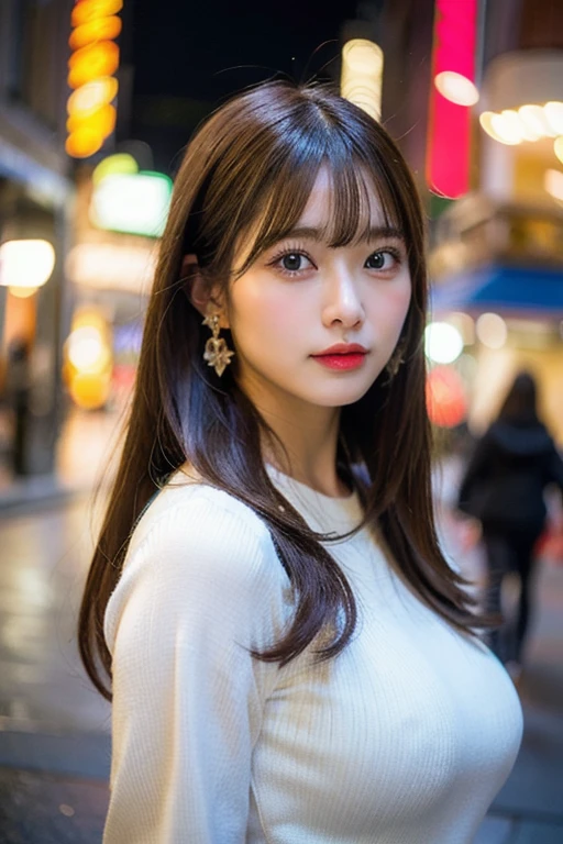 Urban beautiful girl college student, masterpiece, light makeup, red lips, silver hair, messy long hair, street background, beautiful, elegant. super fine details, master works, authentic texture, cinematic lighting realism, perfect job, 16K, hd, exquisite features,blue eyes、japanese idol、Beautiful Face、cute smile、brown hair、beautiful hair、ponytail、glamorous、 big breasts、erect nipples、Oily muscle、shiny skin、tanned skin、Black glowing skin、Sexy knitted sweaters, bright big eyes, smooth skin, earrings, necklace,