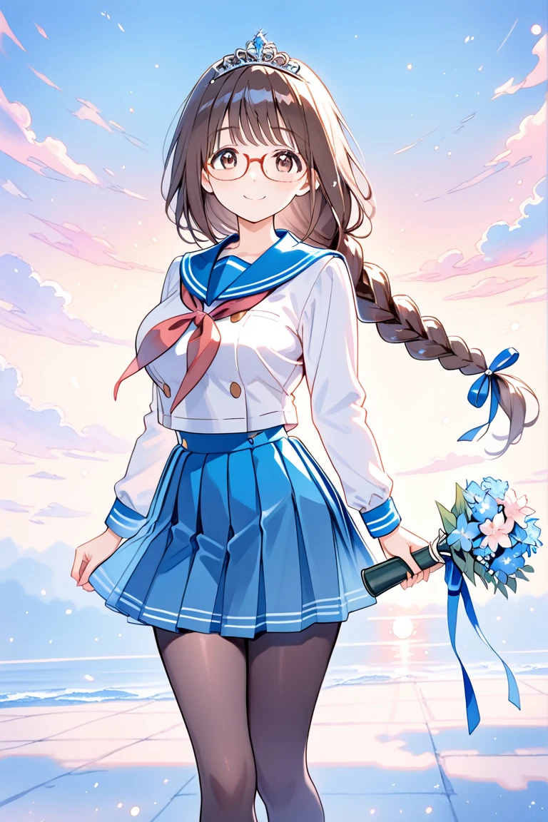 ((masterpiece)), ((best quality)), (ultra-detailed), ((kawaii)), cute, (lovely), illustration, anime style, dynamic angle, upper body, ((focus on her nape from a diagonal rear angle)), a cute girl, 1girl, solo, kitchen, apron, Blazer uniform, (((not turn around))), (beautiful eyes), ((looking away)), beautiful black hair, long hair, ponytail, horseshoe-shaped hairband, medium breast, slim, slender, glasses, smiling, fang, endearing, blush, elegant, youthful, graceful, ((The tips of her canine teeth are peeking out from her smiling mouth)), Double Tooth, seductive smile, Beautiful girl with her hair tied up, (((revealing her nape))), ((captured from a diagonal rear angle)), tied hair, nape, rear view, blush.