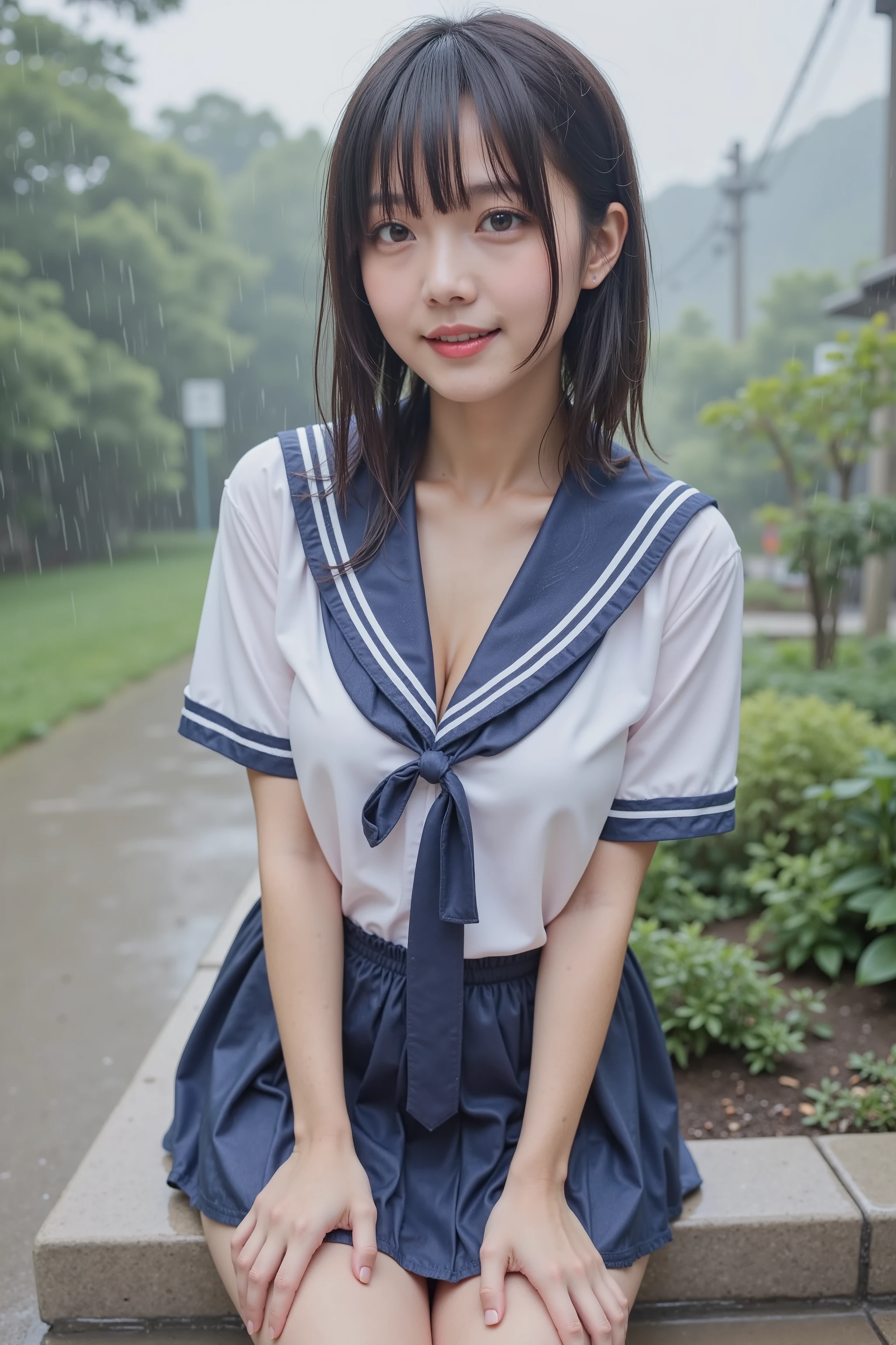   beautiful Japanese woman with medium hair 、 pretty face、High school sailor uniforms are wet in the rain and transparent、short pleated skirt、Cover your nipples with a bra、My hair is wet in the rain too、Sit in a corner of town、crouching