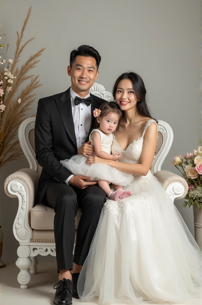 Indonesian family photo. The father is 40 years old, has a smooth face, thin mustache, the mother is 20 years old, has straight hair, they are holding a 2 year old baby girl on their lap. compactly wearing a white suit and elegant white kebaya, embracing each other, sitting on the sofa, aesthetic living room background, decorated with brown curtains and flowers, there are stairs, studio photo. Photography, ultra detailed, 8K