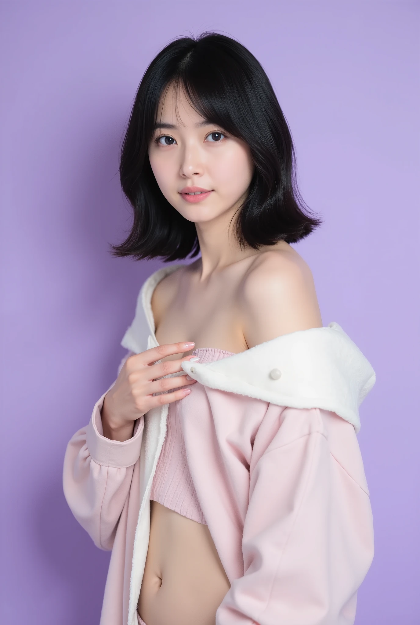 Create a realistic portrait of a beautiful Japanese idol girl in a cowboy shot. She has an elegant oval face, stunning eyes, and semi-long length black hair. Her physique is slim with a small chest and long legs. Dress her in fashionable spring attire against a simple, soothing purple background.