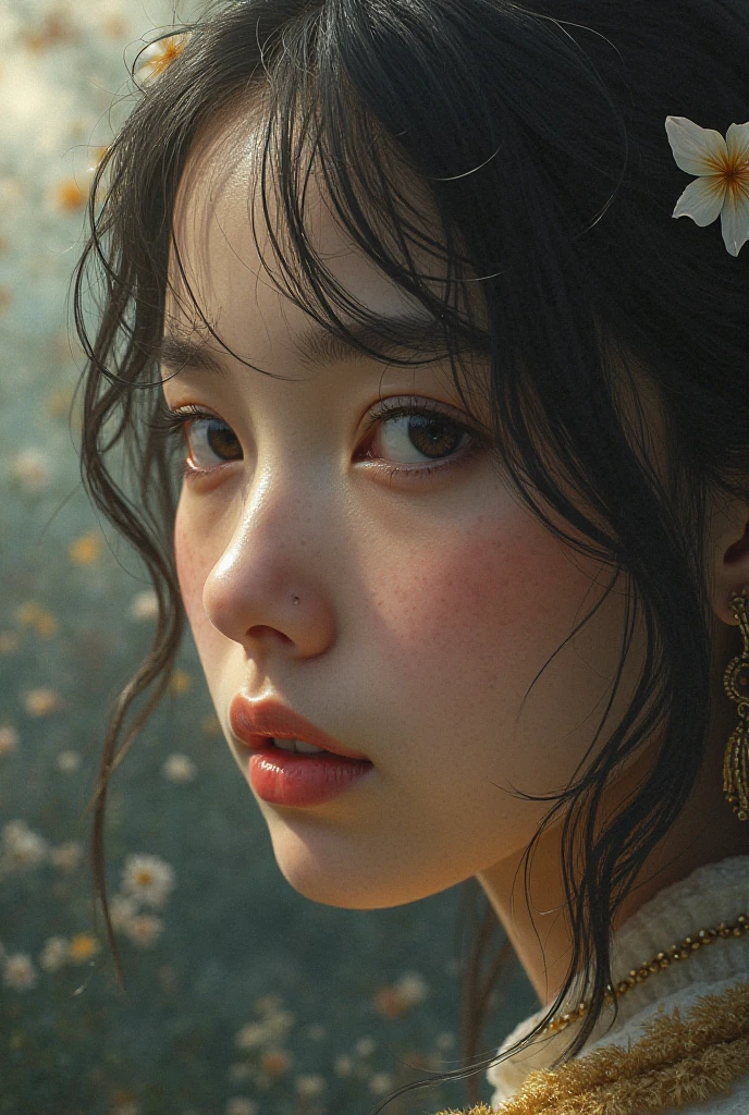 Touch a close-up of an Asian girl with a beautiful water spirit，Her dark eyes were full of wisdom and a hint of melancholy，Surrounded by the soft afterglow of the setting sun，4K，Shot with the Canon EOS R6，using a portrait lens，Shoot in warm primetime lights