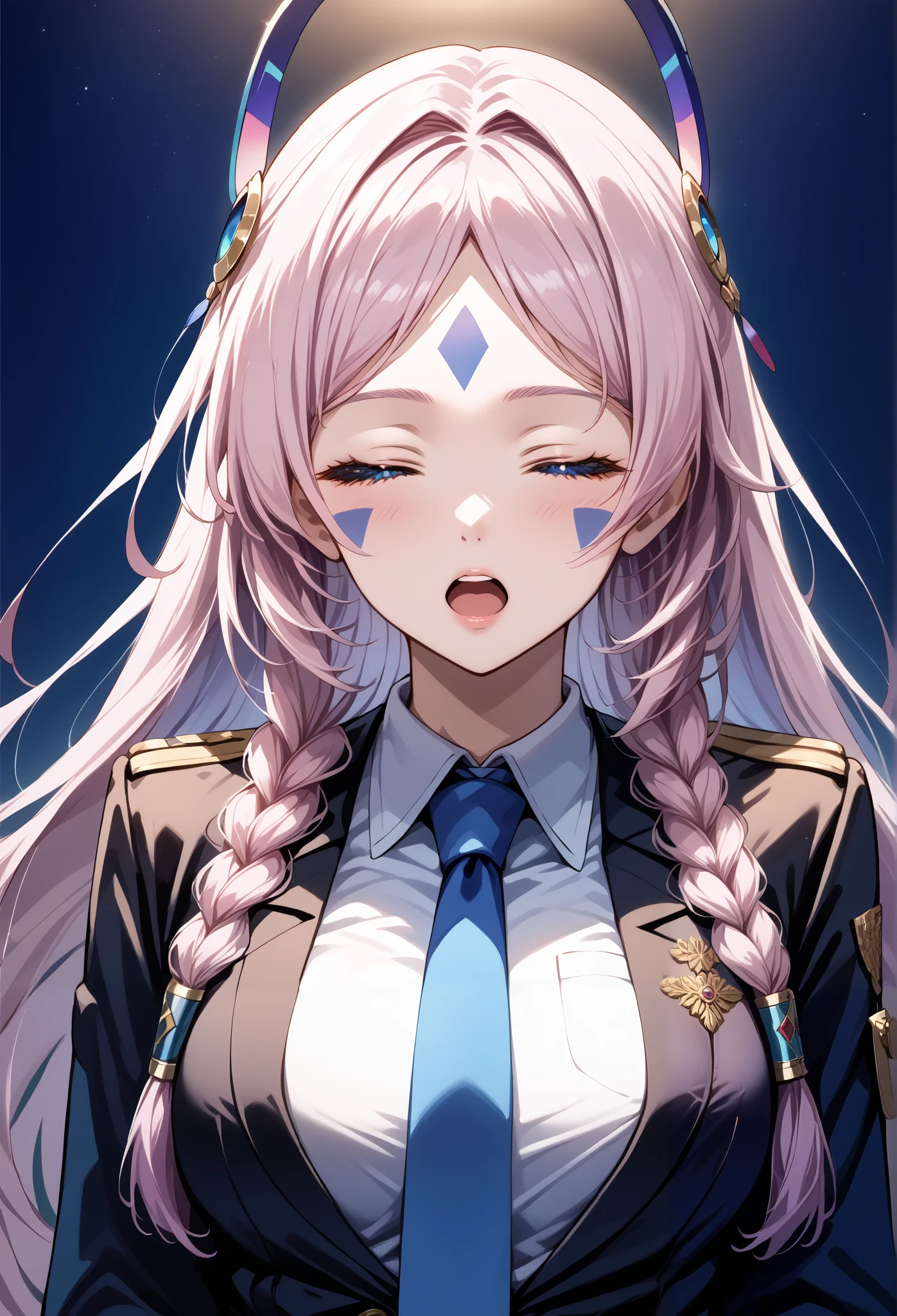score_9, score_8_up, score_7_up, source_anime, 4K,perfect fingers,(perfect hands, perfect anatomy),prefect lighting, very aesthetic, intricate details,highly detailed background, masterpiece, high quality, best quality,
citlali, blue eyes, bright pupils, facial mark, long hair, multicolored hair, pink hair, purple hair, hair intakes, braid, twin braids, parted bangs, hair ornament,Large Breast
wearing ((necktie, blue necktie, )),,
((white plain background)), closed eyes, open mouth, uncensored,