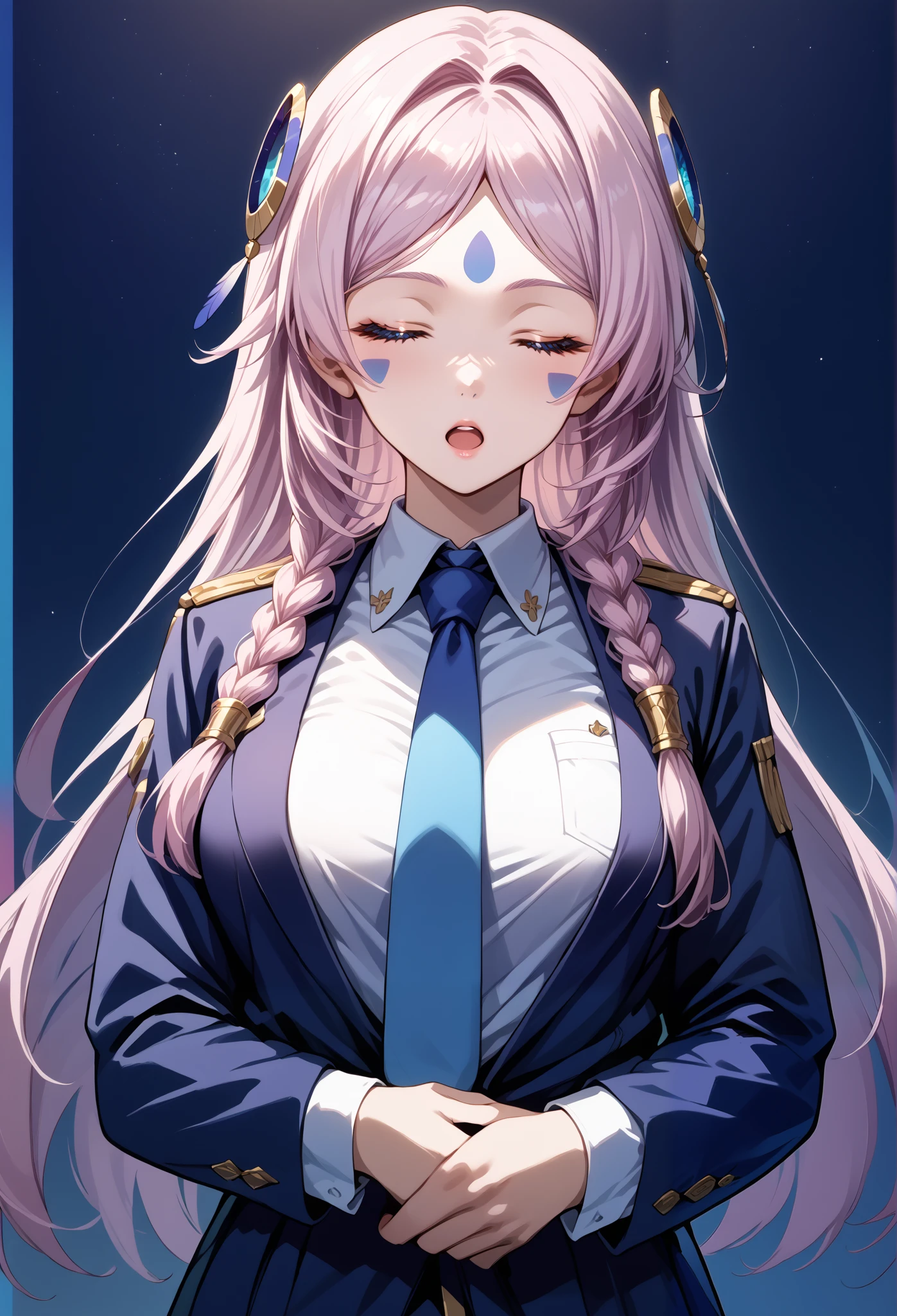 score_9, score_8_up, score_7_up, source_anime, 4K,perfect fingers,(perfect hands, perfect anatomy),prefect lighting, very aesthetic, intricate details,highly detailed background, masterpiece, high quality, best quality,
citlali, blue eyes, bright pupils, facial mark, long hair, multicolored hair, pink hair, purple hair, hair intakes, braid, twin braids, parted bangs, hair ornament,Large Breast
wearing ((necktie, blue necktie, )),,
((white plain background)), closed eyes, open mouth, uncensored, 