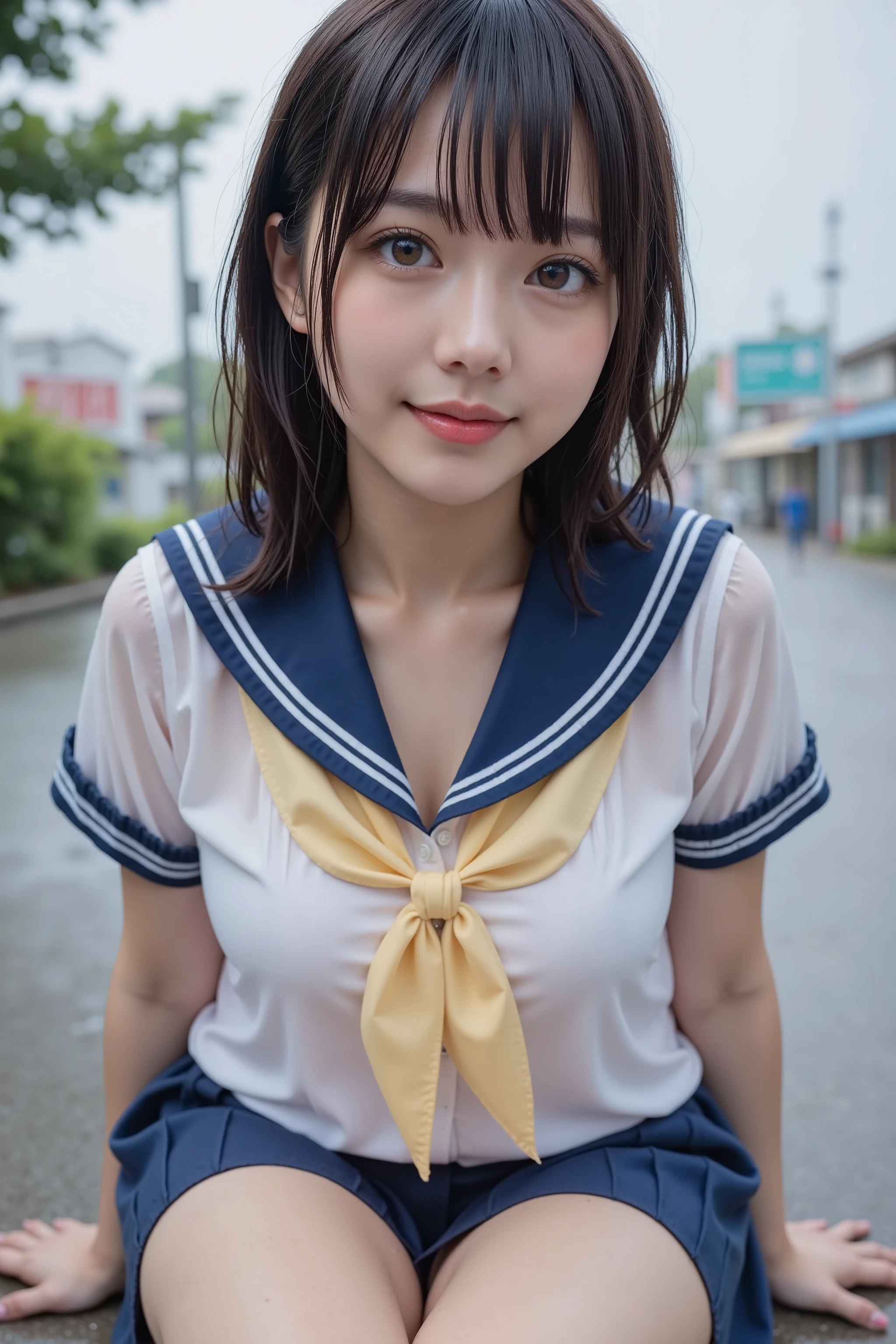 beautiful Japanese woman with medium hair 、 pretty face、High school sailor uniforms are wet in the rain and transparent、short pleated skirt、Cover your nipples with a bra、My hair is wet in the rain too、Sit in a corner of town、crouching