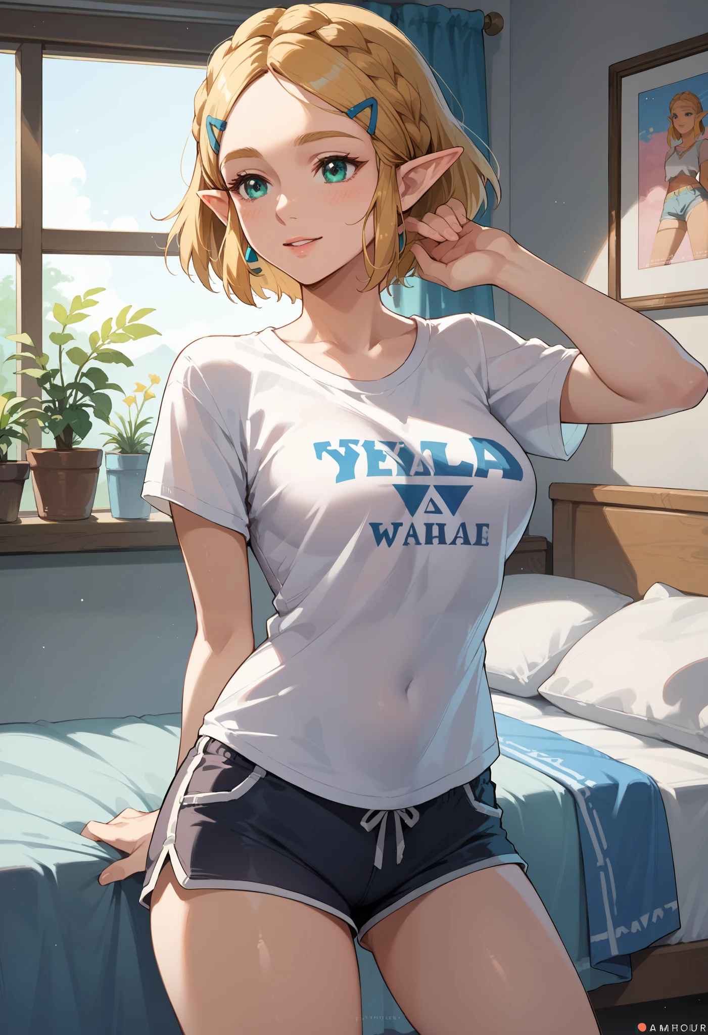 Masterpiece, 8k quality, extremely detailed, Zelda, short hair, braids, bedroom, medium breasts, t-shirt, shorts