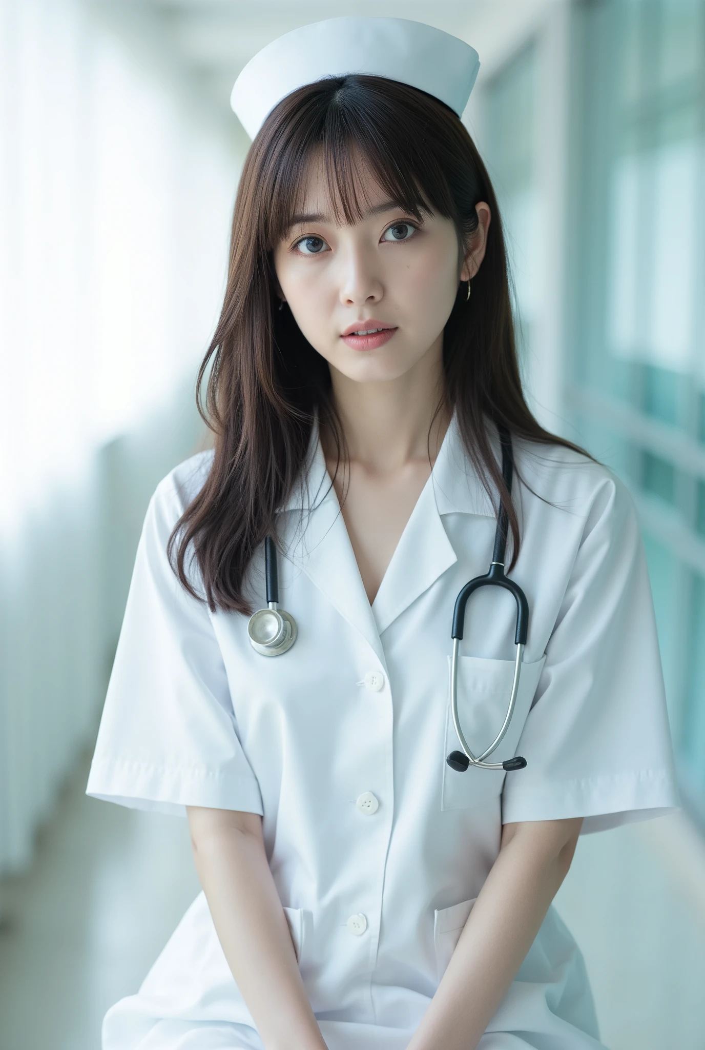 Create a stunning portrait of a beautiful Japanese idol in a nurse cosplay. She should have semi-long hair, a slender body type, small breasts, and thin legs. The background should evoke a hospital atmosphere with a predominantly white color palette. Use cinematic lighting to enhance the overall aesthetic.