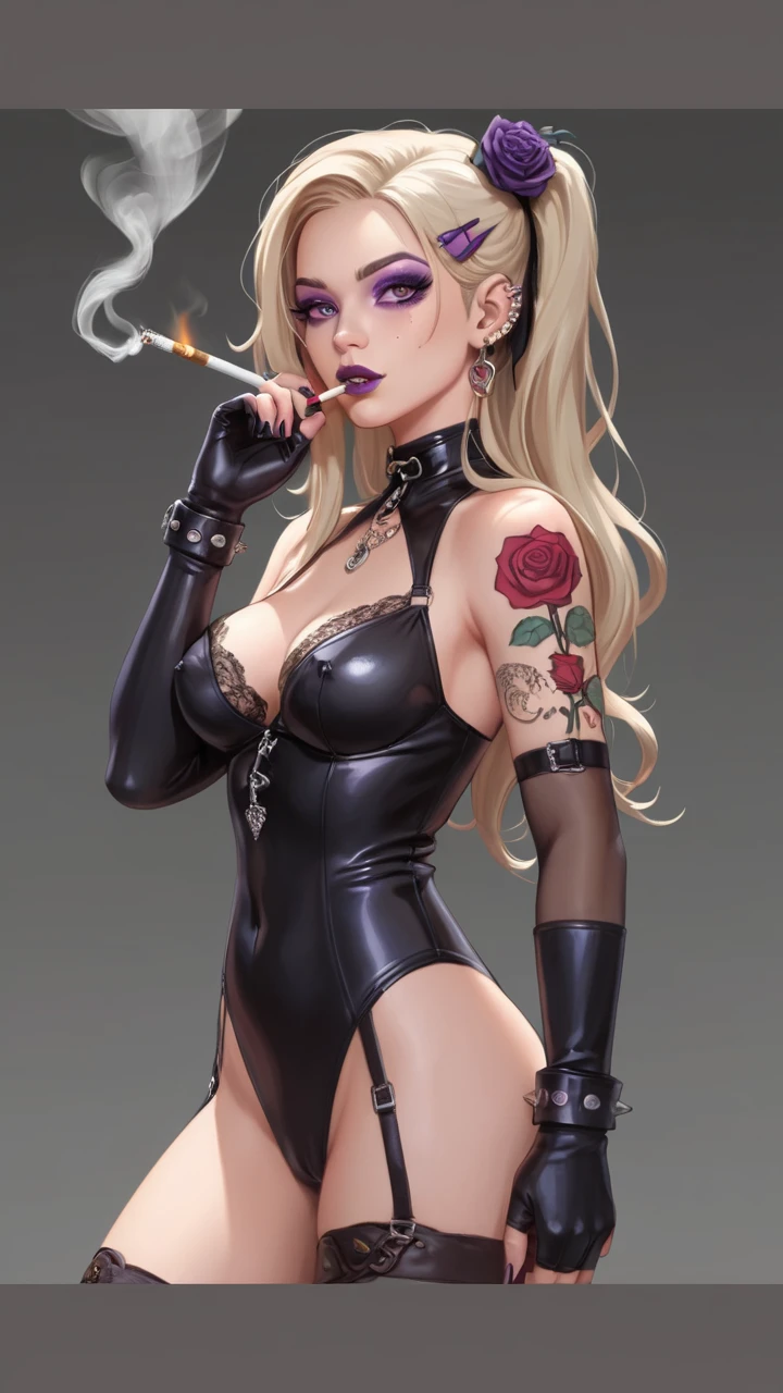 1girl, breasts, solo, glasses, gloves, pantyhose, cleavage, smoking pipe, v, hair ornament, black gloves, huge breasts, white hair, bare shoulders, red-framed eyewear, thick thighs, gigantic breasts, thighs, red eyes, collarbone, white background, looking at viewer, hair stick, holding, holding smoking pipe, simple background, short hair, skirt, hair bun, kiseru, brown eyes, facial mark, :o, double v, puffy sleeves, makeup, forehead mark, cropped legs, single hair bun, curvy, black skirt, detached sleeves, english text, off shoulder, alternate breast size, eyeshadow, cowboy shot, parted lips