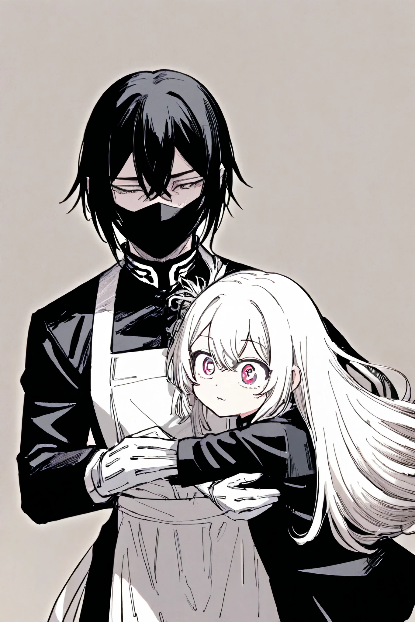 A age character:

hair: long,  straight and jet black , with some white wicks on the tips that are reminiscent of the shade of formaldehyde. He always wears it neatly styled, with some tufts falling on her face.

eyes: A shade of ash gray, with a faint dull sheen. His pupils are slightly smaller than normal, giving it a disturbing air.

Clothes: He wears a modified black uniform with elegant and funeral details. His jacket has silver trims and small embroidered chrysanthemum flowers (symbol of death in Japan). Wear impeccable white gloves and an apron thin black tied around the waist, similar to that of a mortuary professional.