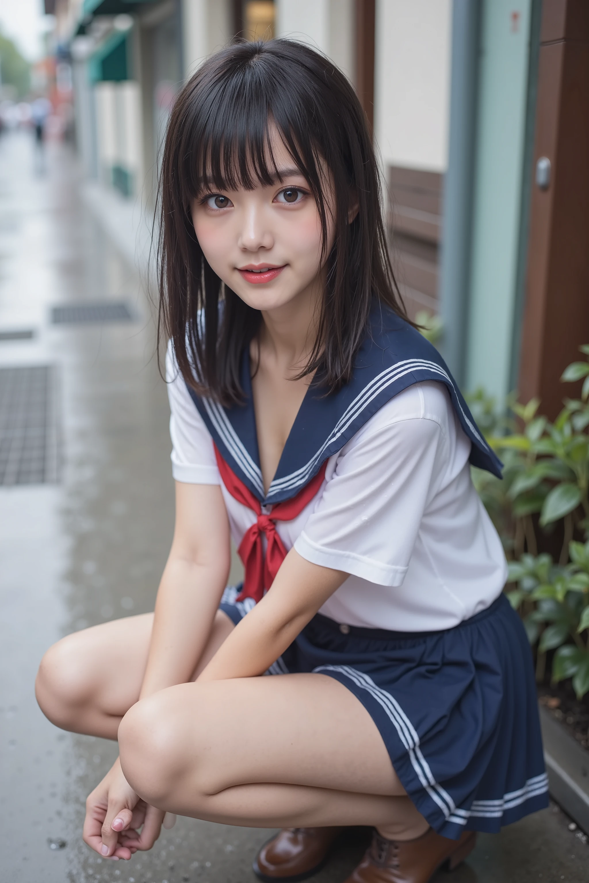 beautiful Japanese woman with medium hair 、 pretty face、High school sailor uniforms are wet in the rain and transparent、short pleated skirt、Cover your nipples with a bra、My hair is wet in the rain too、Sit in a corner of town、crouching