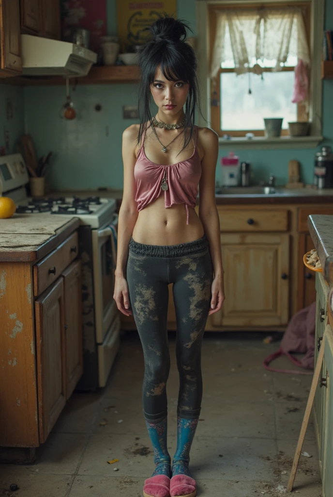 beautiful brunette woman stepping barefoot on food scraps in a dirty kitchen.