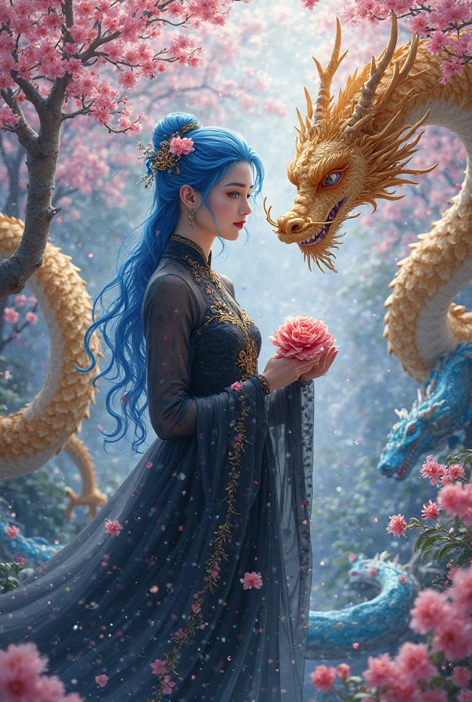 *8K masterpiece, Highest quality, Highest quality, Official Art, (Beauty and aesthetics: 1.3), Very detailed, (Fractal Art: 1.3), colorful, Ice and Chinese dragon, Serpentine body, nail, cyan and 1 Woman, Hanwomen's Media, Hanfu, cyan