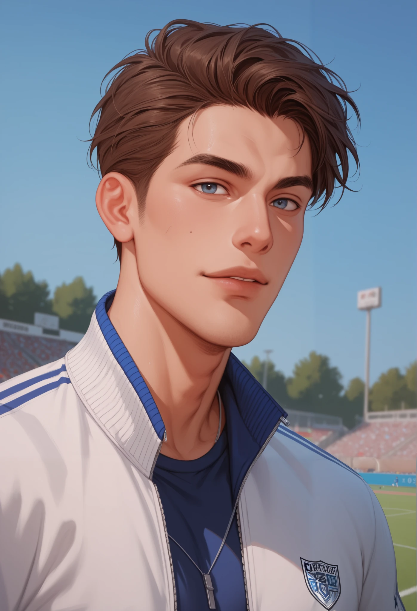 A handsome man in his twenties ,  Mathematical structure , In a sports jacket. looks at the viewer. , his hair surrounds his face. The background is an urban football field.  confident posture .