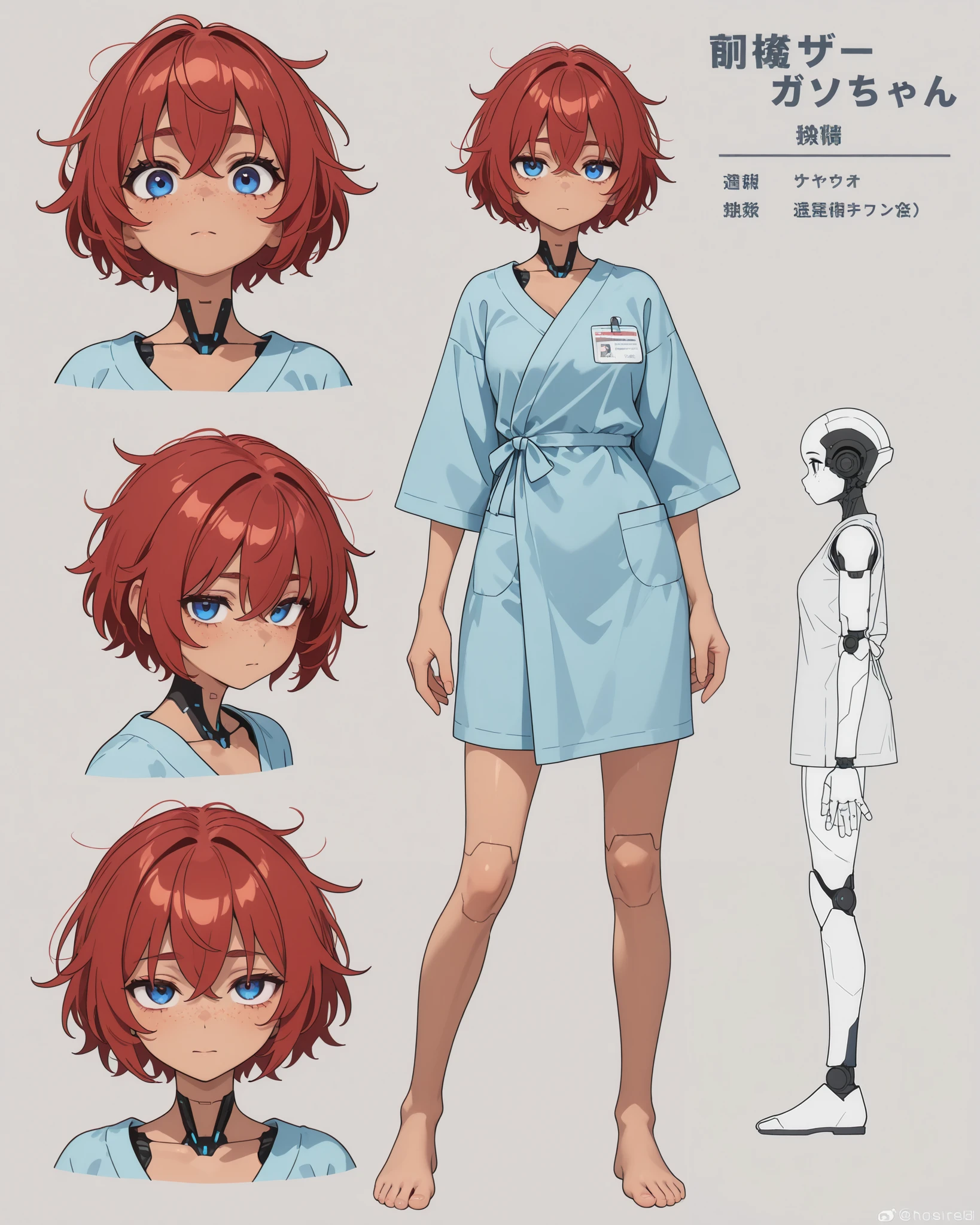 1girl, beautiful woman, cute,kawaii, blue eye, big eye,beautiful, tired eye, downturned eyes, tan skin, freckles, cyborg style, cyborg, android, messy hair, red hair, (short hair), (hospital gown) ,breast,tired expression,\), background\ ((standing))\),,close-up girl,dynamic angle,3d,full body pose((( character reference, character sheet))),looking at viewer ,masterpiece,best quality,newest