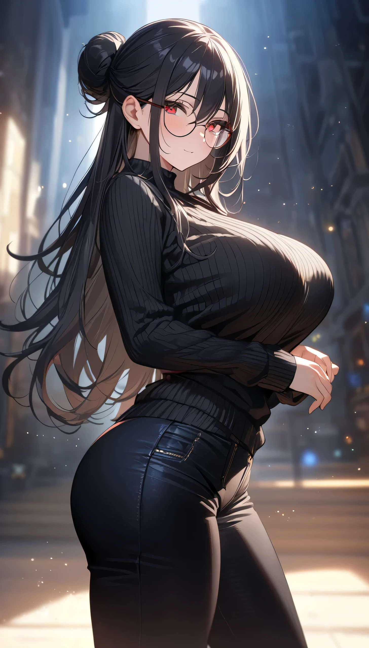bonito, Sozinho, 1 mulher, Cabelo longo, cabelo preto, mechas azuis nas pontas do cabelo, olhos roxos, camisa preta, manto vermelho, futurista, ciberpunk Sozinho, cinematic angle, cinematic lighting, Obra de arte, melhor qualidade , nsfw、de joelhos, esfregar na virilha