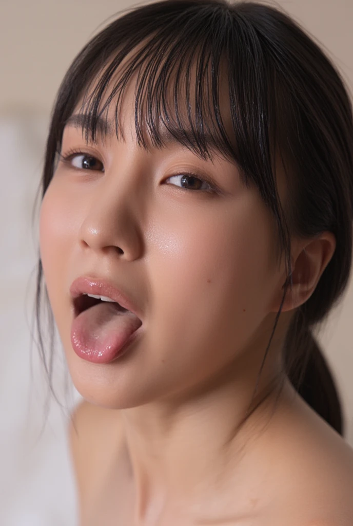 (masterpiece:1.35),(Highest quality:1.4),8k,Very detailed,photograph,(Ultra-realistic:1.4),Film Grain,Fujifilm XT3,One Girl,Sick slim woman,alone, Very beautiful and detailed face, Best Shadow, Mid-chest, naked、Dripping semen from the mouth、Sticking out tongue、Close one eye、Japanese、feel ecstasy、Brow wrinkles、Fat muscle、Nipples、Ahegao、Watery eye、Japanese people、Eyes on the screen、Look here、Brush your hair up with both hands、short tongue、