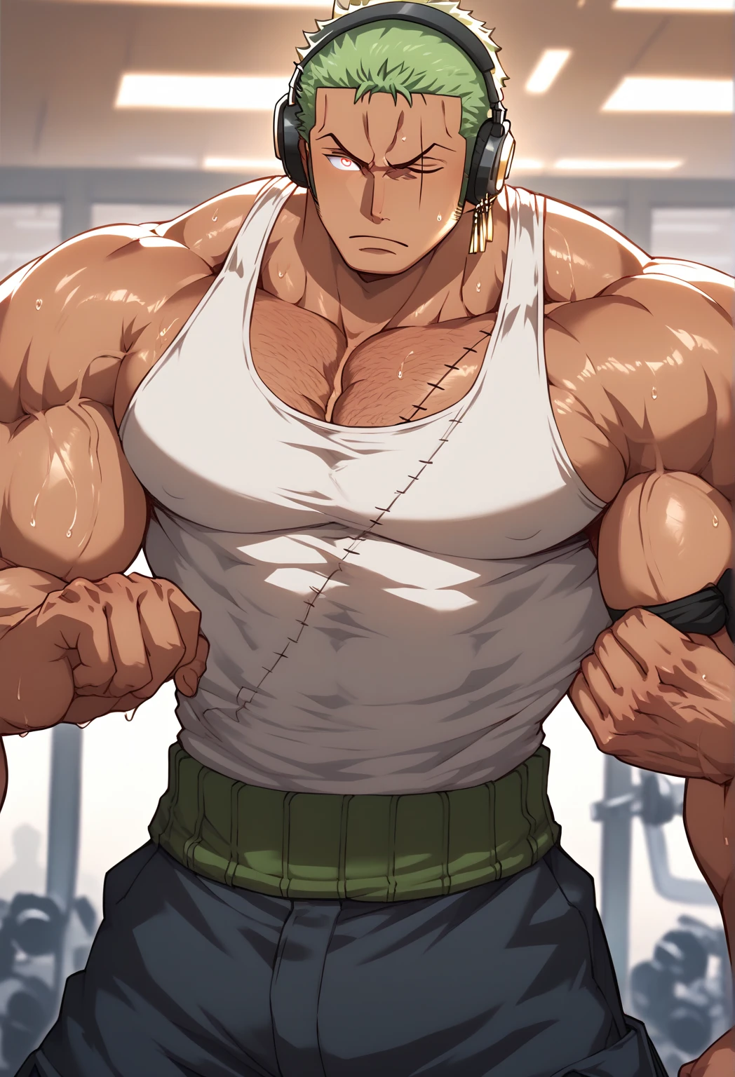 Mexican sportsman with red and silver hair, muscular ninety meters wearing black shorts, a sleeveless shirt to the navel turquoise with large pectorals, large biceps, with a green eye and a blue eye, sitting on a ladder by the sea
