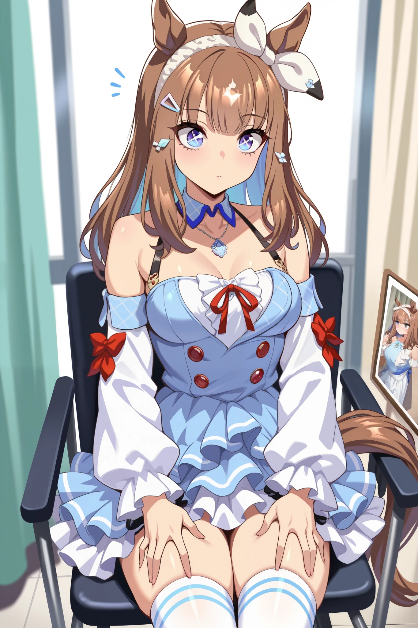 (masterpiece, ultra high definition, 16k, RAW photo, intricate), (sharp focus, crisp details), rich colors, vibrant details, noise reduction, 1girl , ((almond eye \( Uma Musume\)), Infirmary, sitting chair, Put your hands on your thighs, official costume, Motion line, motion Effect, (cowboy shot), blue eyes, x-shaped pupils, sparkling eyes, hairband , (red ribbon), blue dress, detached sleeves, frills, bare shoulders, medium breasts, bow, layered skirt, horse tail, white thighhighs, necklace, (Very slim thighs), simple background, blur the background, nsfw