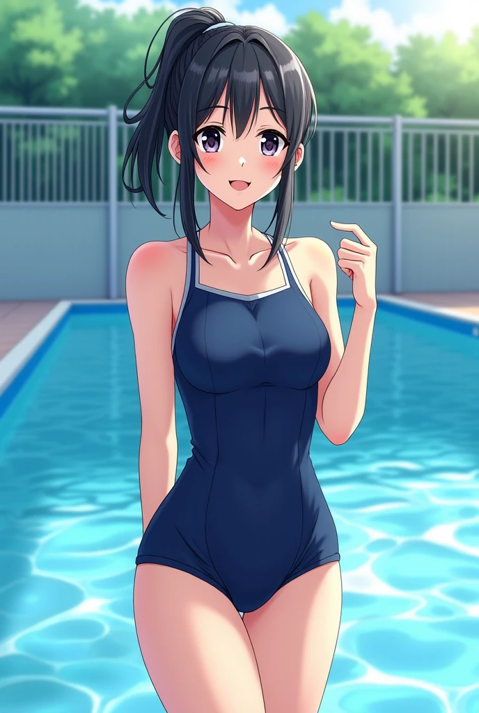 A cute Japanese idol-type woman wearing a navy blue swimsuit, standing by the pool with a shy expression, cute, sexy, beautiful woman, beautiful woman, Japanese beautiful woman, black hair in a ponytail, directing her gaze, Real Stick