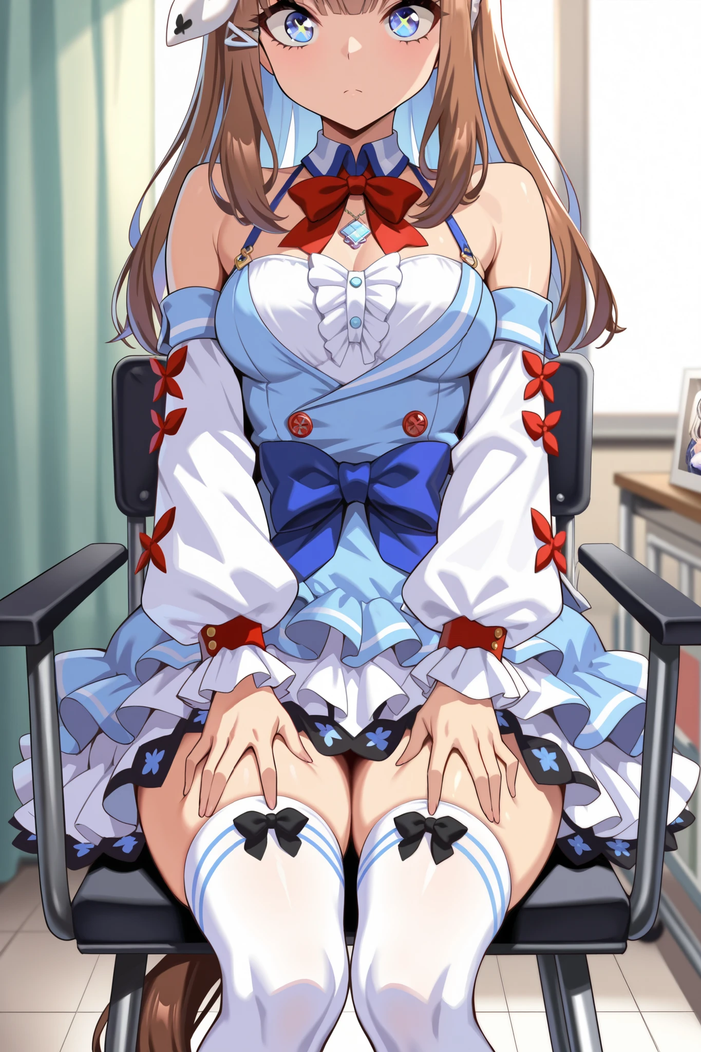 (masterpiece, ultra high definition, 16k, RAW photo, intricate), (sharp focus, crisp details), rich colors, vibrant details, noise reduction, 1girl , ((almond eye \( Uma Musume\)), Infirmary, sitting chair, Put your hands on your thighs, official costume, Motion line, motion Effect, (cowboy shot), blue eyes, x-shaped pupils, sparkling eyes, hairband , (red ribbon), blue dress, detached sleeves, frills, bare shoulders, medium breasts, bow, layered skirt, horse tail, white thighhighs, necklace, (Very slim thighs), simple background, blur the background, nsfw