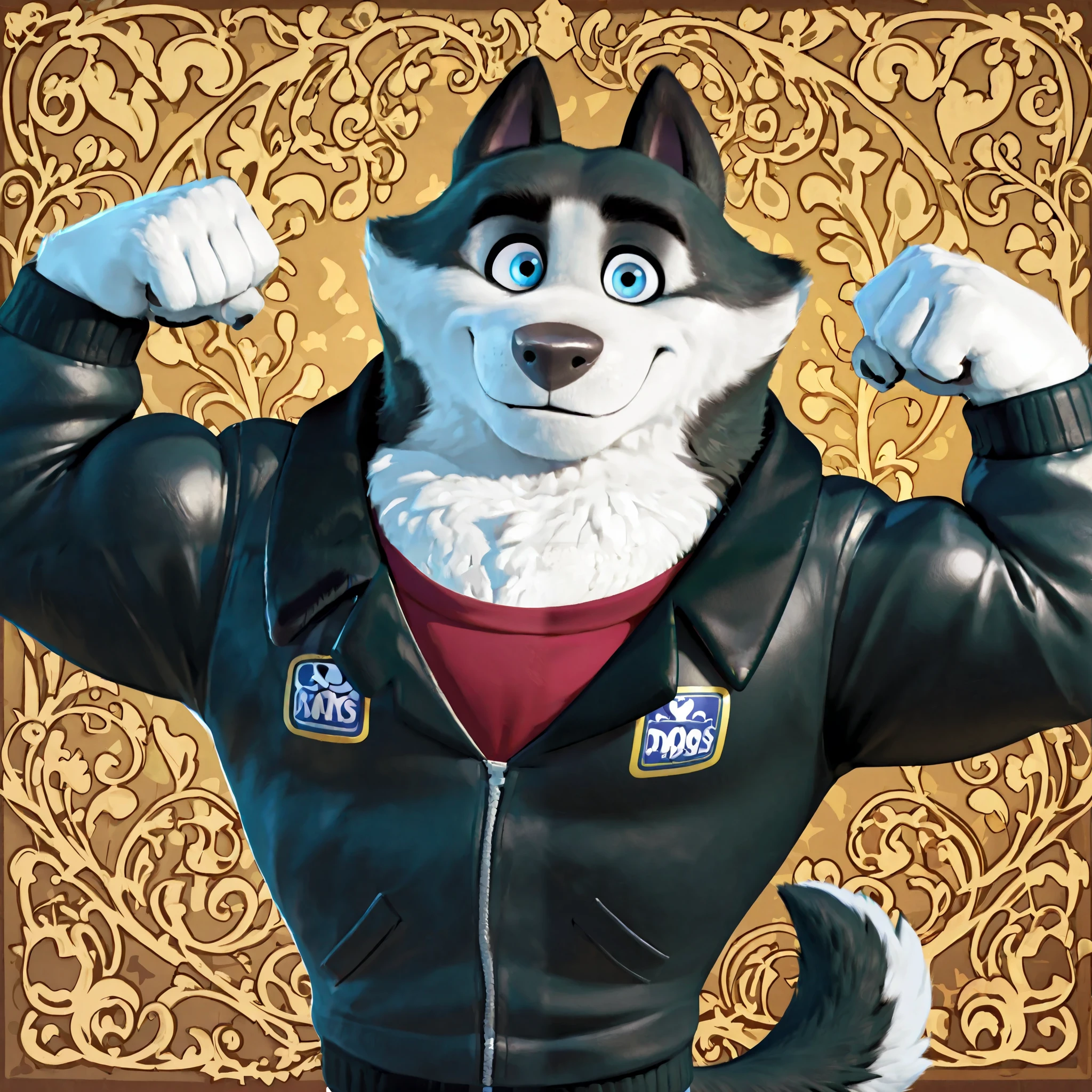 Duke (Arctic Dogs), anthro dog, black fur, white fur, male, blue eyes, black jacket, high quality, half body, flexing, looking at viewer, solo, Krakow Poland background