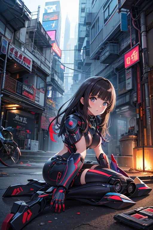 最high quality、best image quality、masterpiece、android girl((18-year-old、 By becoming、vest bust、medium bust,wide open breast tea、red glowing eyes, water hair、messy hair、long hair、thin,highest valley、white robot body、shining blue body、Close ~ eyes、All connected to cables、Show the whole body、robot arm、robot feet、villain、evil smile、crawl on all fours、emphasize the buttocks)),high quality、beautiful art、background((dark bio facility、dark room、Infrared Sensor、red lighting))、Flight、debris flies、Depth of written boundary、movie、visual art、perfect art、8K,genuine、
